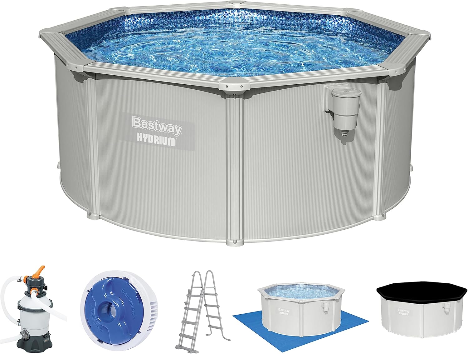 Bestway Hydrium - Piscina de Pared de Acero con Filtro de Arena, diámetro de 300 x 120 cm, Gris, Redonda