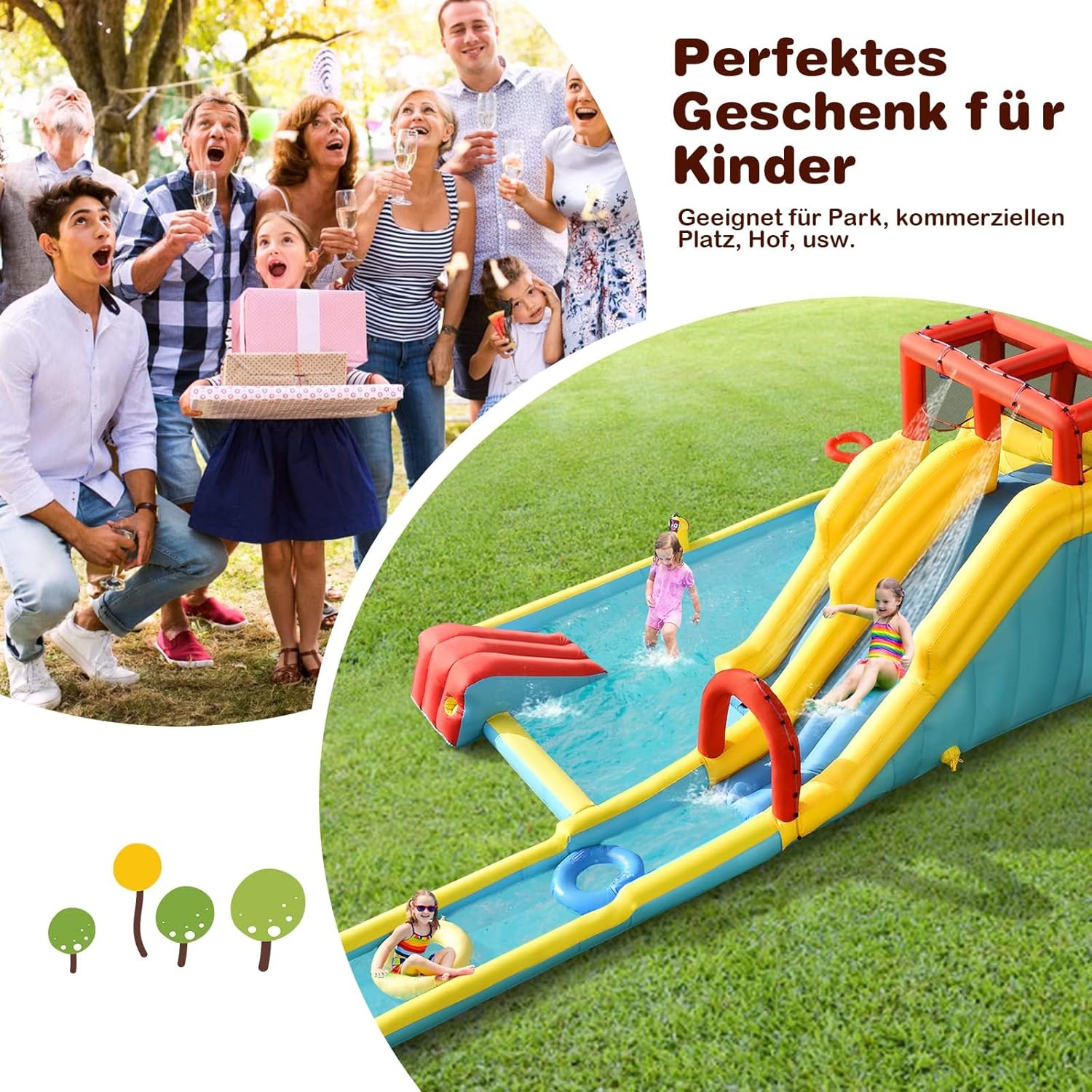 FANTASK Castillo Hinchable con Bolsa de Transporte, Anillos de natación, Baloncesto Inflable y Kit de reparación, tobogán acuático, Parque acuático para Exteriores, Incluye Pistola de Agua, Pared de
