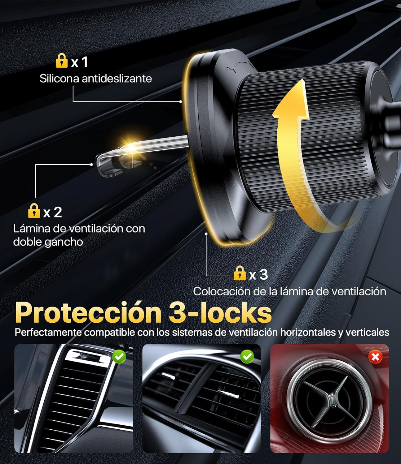 Miracase 2025 Suporte móvel carro [gancho metálico resistente] suporte de telemóvel carro em rotação 360° e manuseio com uma mão, compatível com telemóveis 4,0''-7,0''