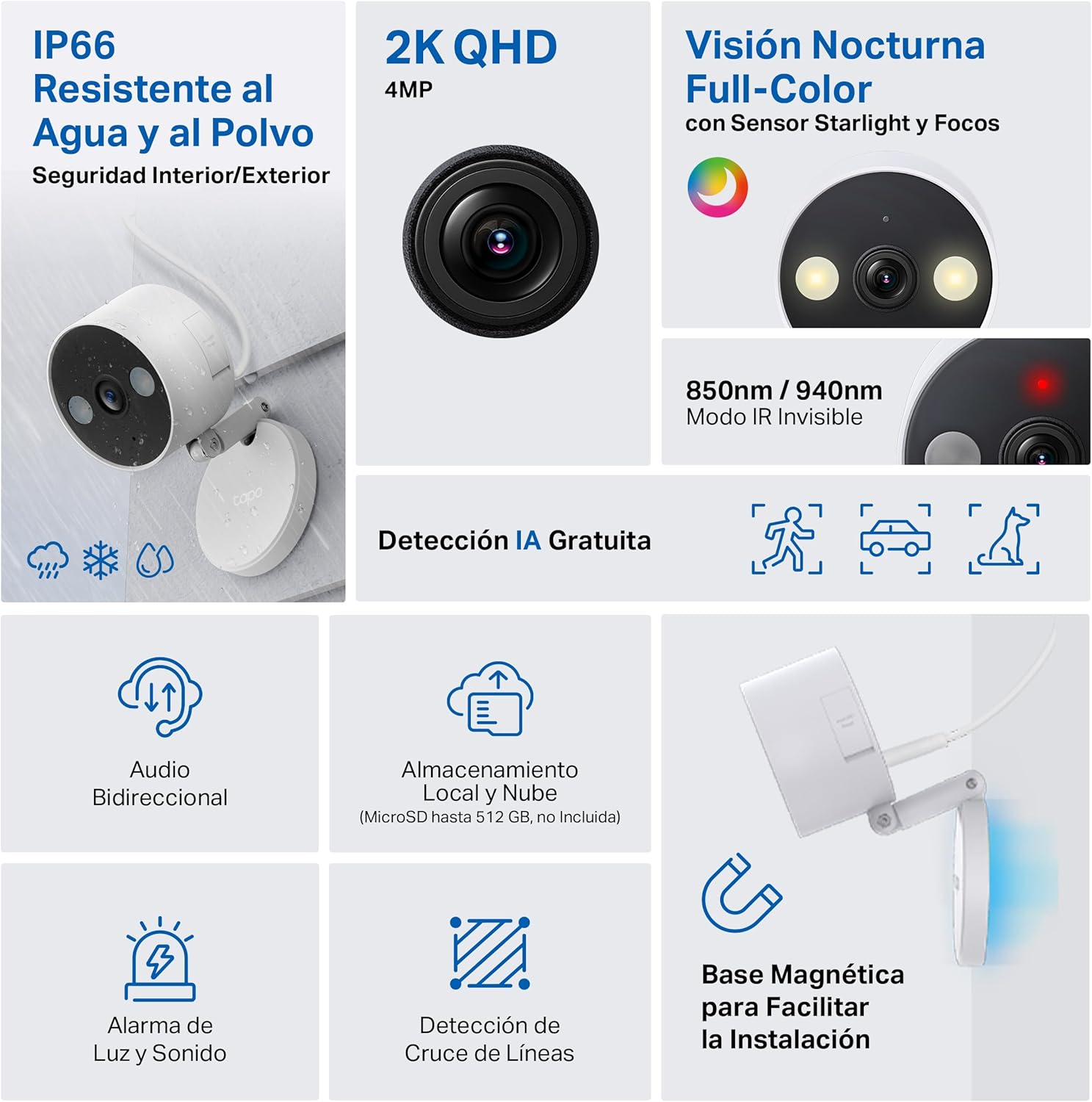 Tapo C120-2K 4MP Câmara de vigilância para interior e exterior, base magnética, focos duplos, suporta cartão SD de até 512 GB, IP66, compatível com Alexa e Google Assistant