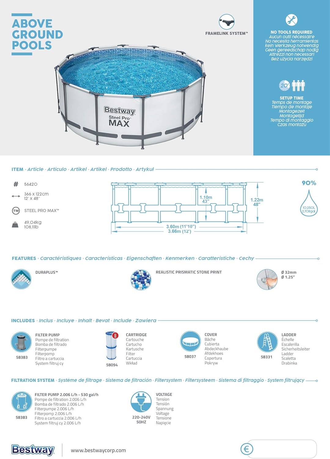 Bestway Steel Pro MAX Frame - Piscina Completa con Bomba de Filtro (diámetro 366 x 122 cm), Color Gris Claro