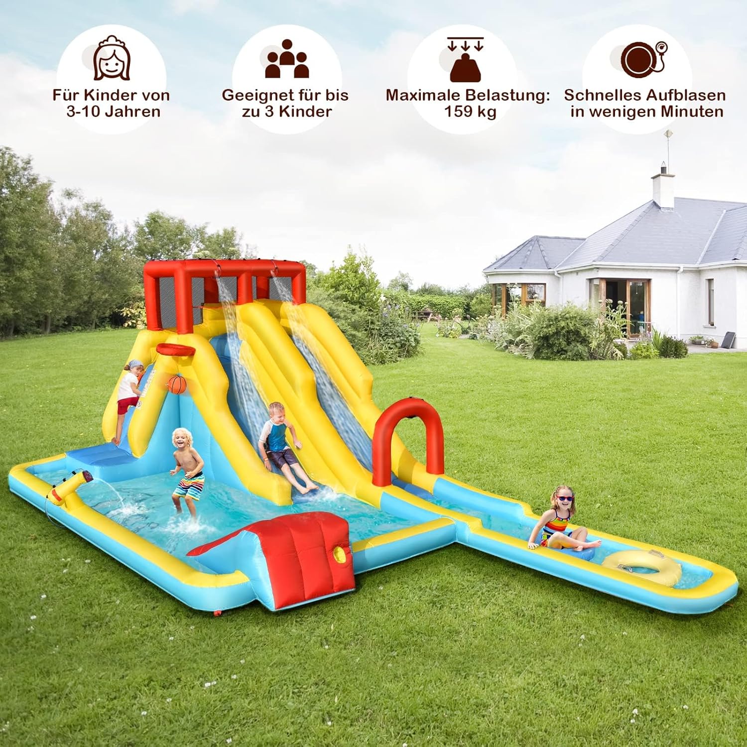 FANTASK Castillo Hinchable con Bolsa de Transporte, Anillos de natación, Baloncesto Inflable y Kit de reparación, tobogán acuático, Parque acuático para Exteriores, Incluye Pistola de Agua, Pared de