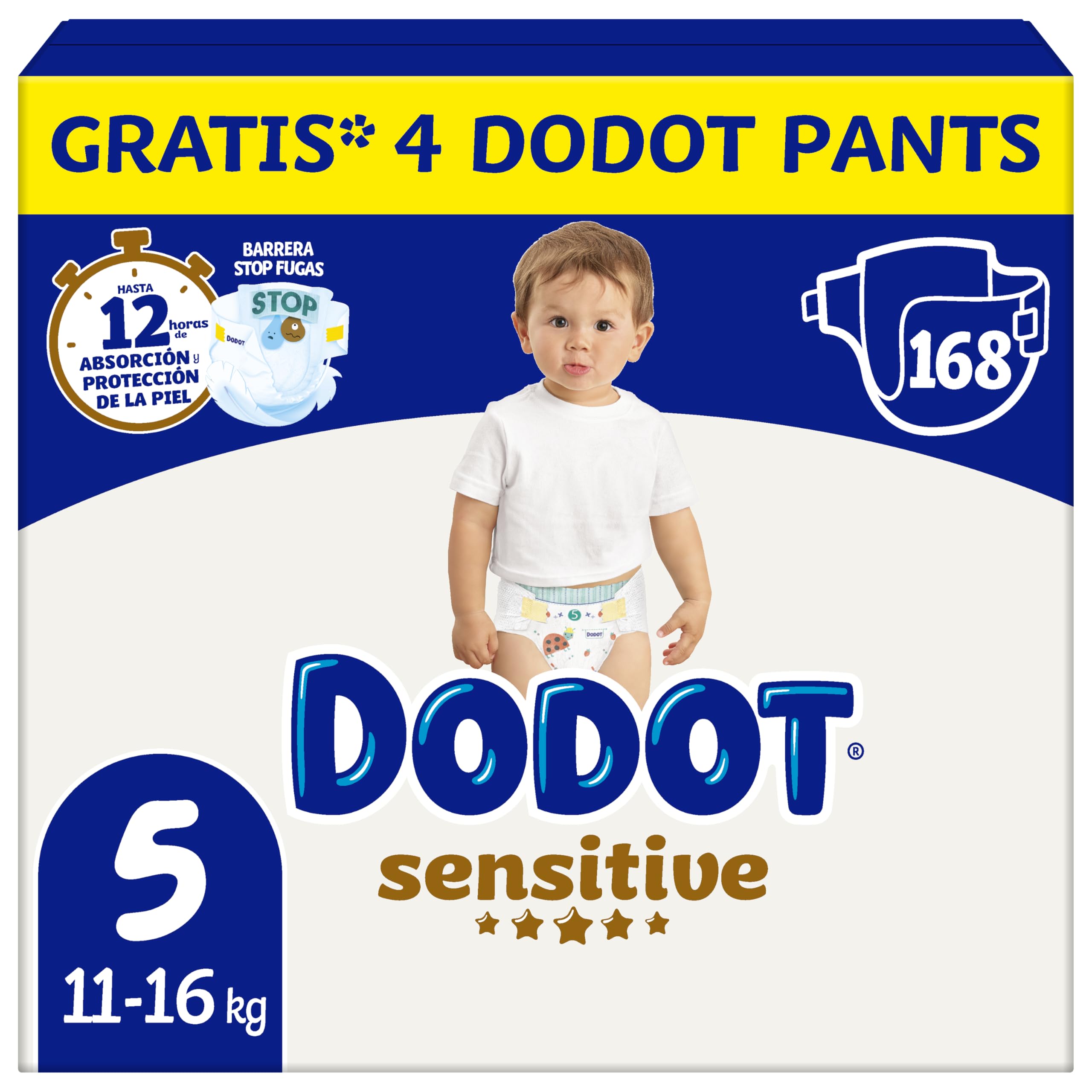 Dodot Pañales Bebé Sensitive, Talla 4 (9-14 kg), 192 Pañales + 4 Pants de Regalo, Hasta 12 h De Protección Antifugas y Cuidado de la Piel, Pack Mensual