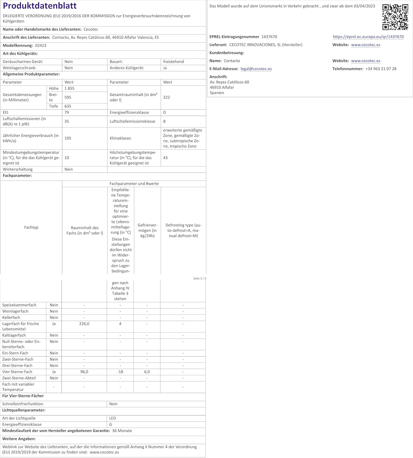 Cecotec Frigorífico Combi 2 portas de Bolero CoolMarket Combi 322 Inox D. 322 l, altura 185 e 60 cm de largura, baixo consumo, inversor do motor, sistema multi ar low, total sem gelo