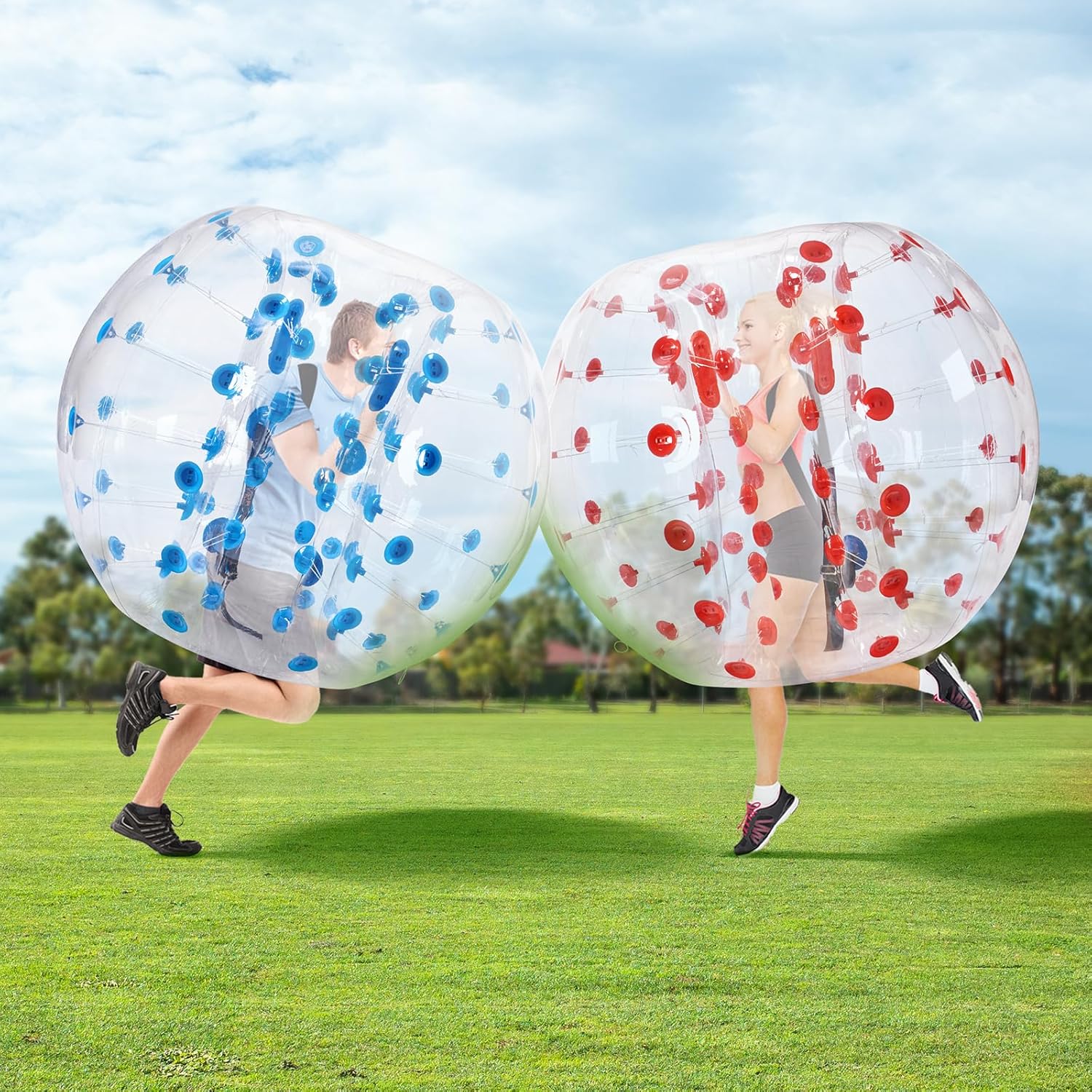 VEVOR 2 bolas de para-choques insufláveis de 1,5 m x 1,2 m, bola de recuperação insuflável com corpo de PVC para atividades ao ar livre, bola de para-choques insuflável de pontos vermelho e azul