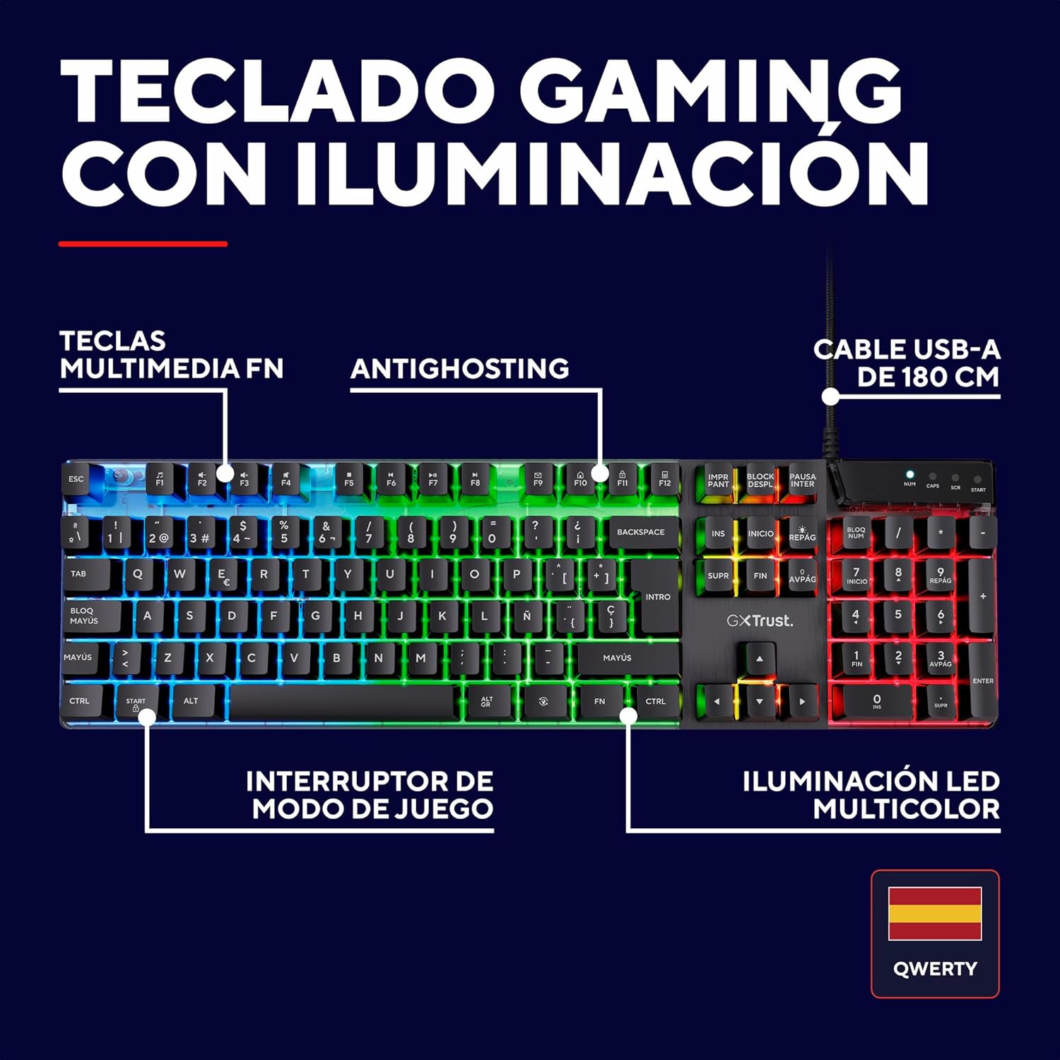 Teclado retroiluminado Trust Gaming GXT 835 Azor, layout QWERTY espanhol, iluminação LED, teclado gaming com fios para Windows, Mac, PC, computador, portátil – preto