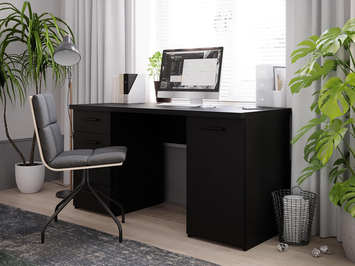 Forte Escritorio NET106 Negro con 1 Puerta y 4 cajones, Material de Madera, Negro, 145 cm de Ancho, 76,3 cm de Alto y 60 cm de Profundidad