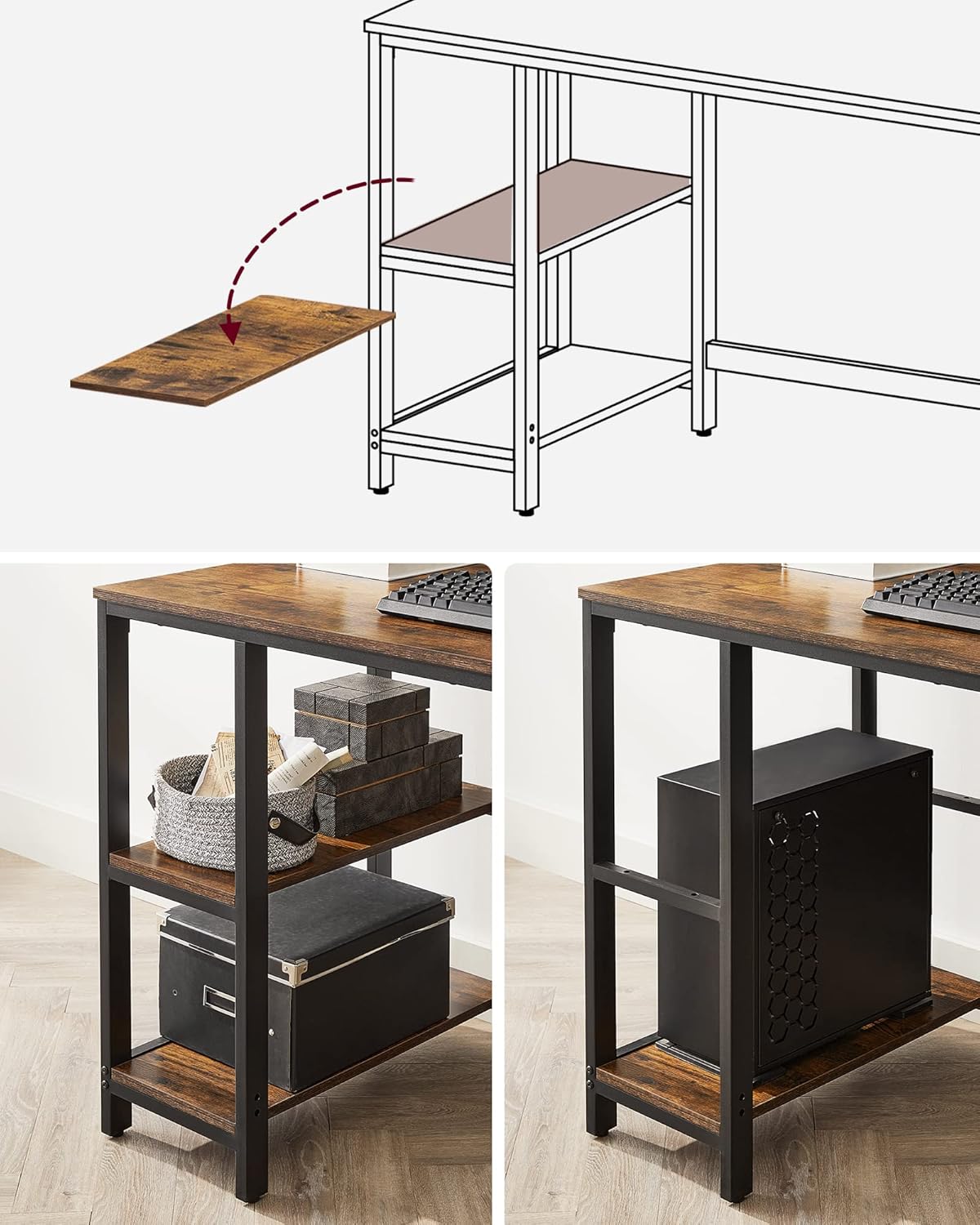 VASAGLE Secretária, mesa de computador, com 2 prateleiras à esquerda ou à direita, para escritório, quarto, estrutura de aço, industrial, castanho rústico e preto LWD47X