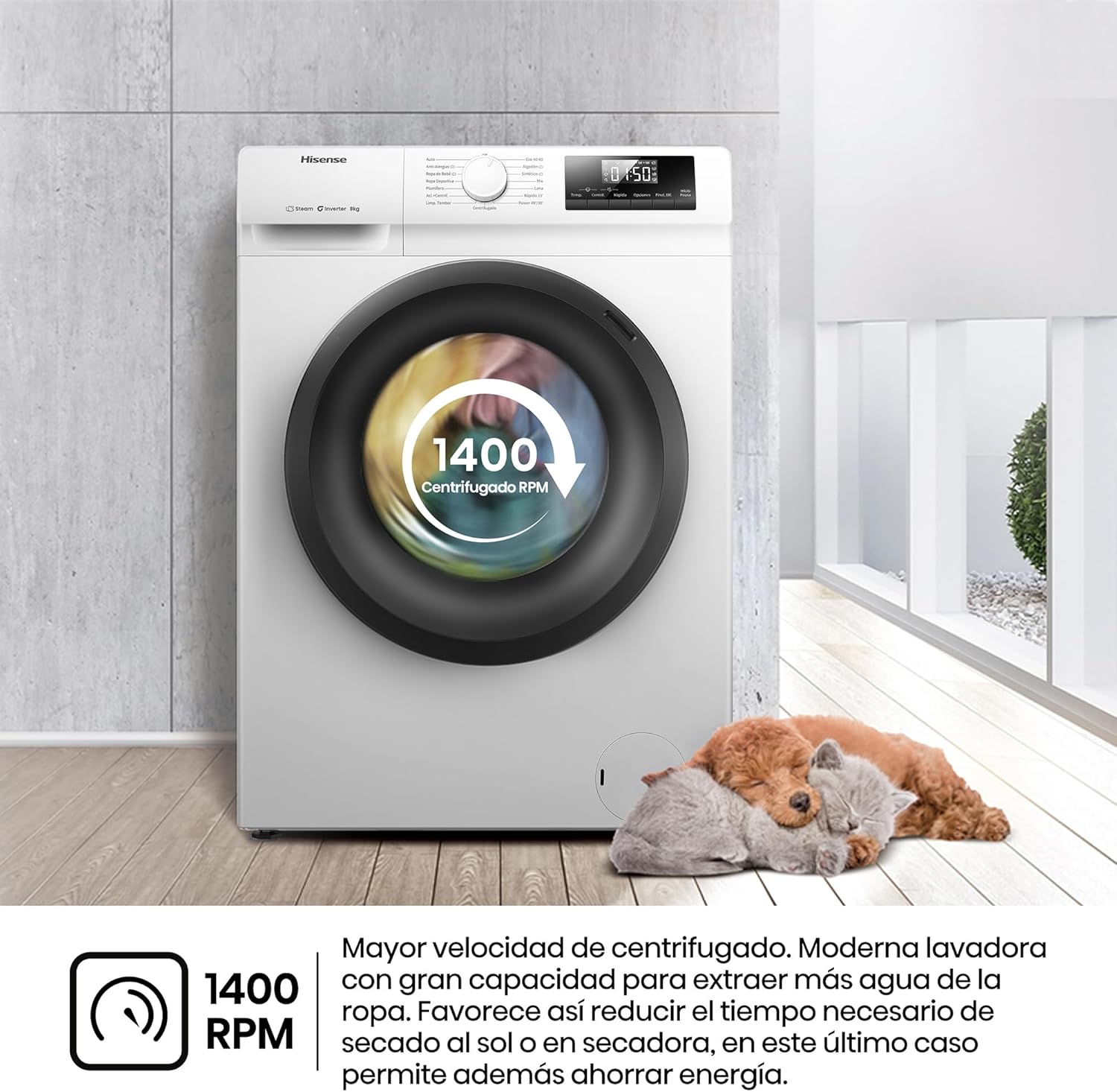 Hisense WF1Q8041BW2 - Máquina de lavar roupa, classe A, 8 kg, 1400 rpm, altura 85 cm x largura 60 cm, branco, função de vapor 99,9%, lavagem rápida, lavagem automática, conclusão diferida, Tecnologia