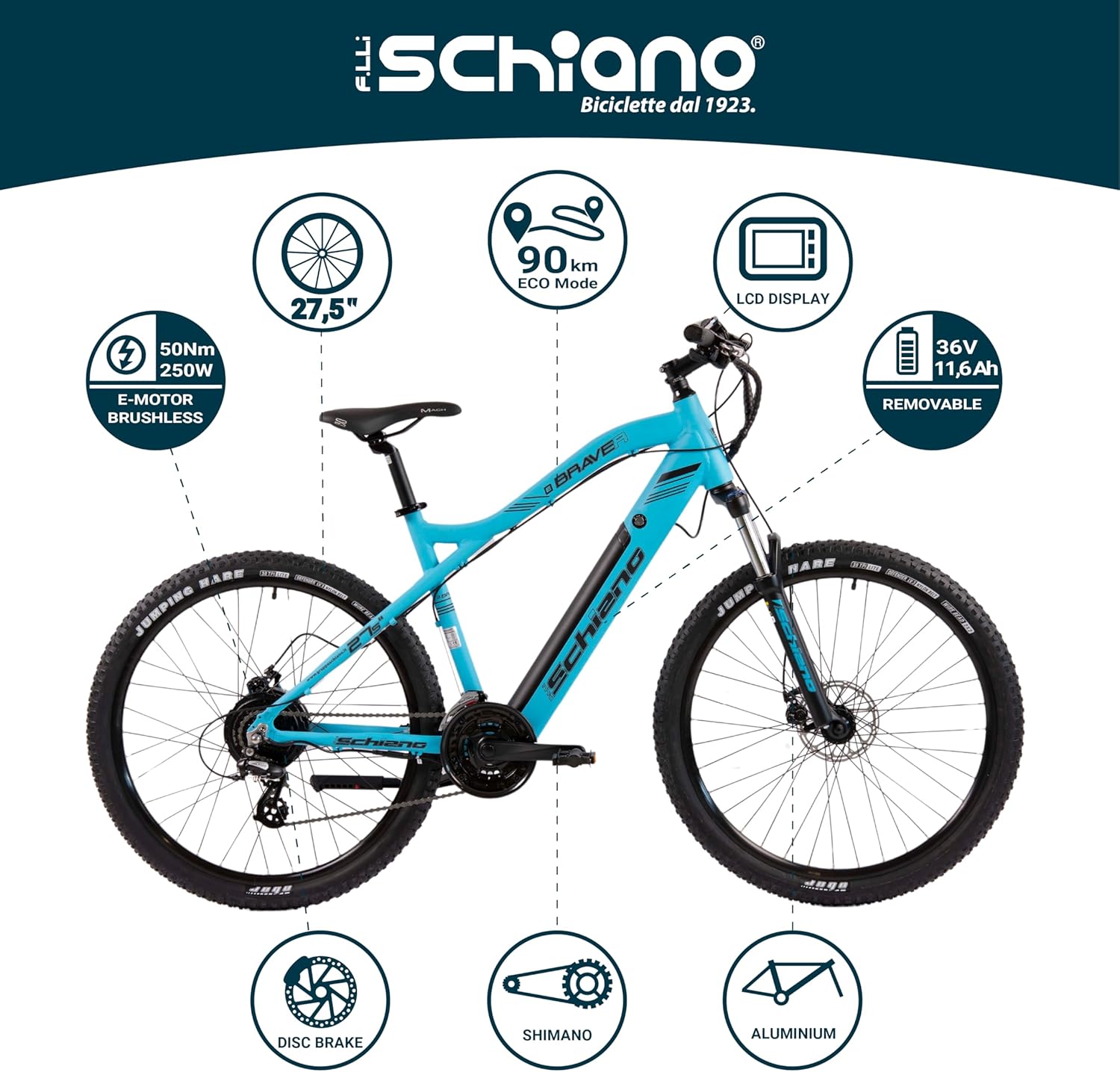 F.lli Schiano Braver, Bicicleta Electrica MTB, 27.5", Batería 36V 11.6Ah Extraíble, Motor 250W 50Nm, Bici Electrica de Montaña, Unisex Adulto