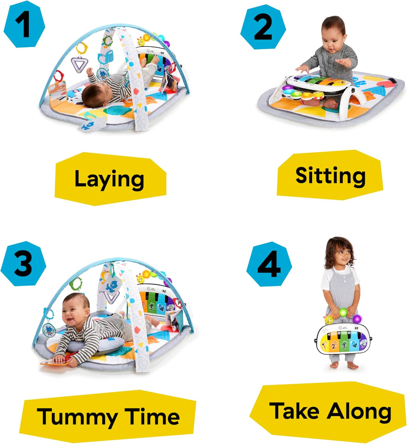 Baby Einstein, Gimansio de Actividades Musical para bebés 4en1 Kickin' Tunes con Piano, 70+ sonidos, 25+ min de música y luces, arco de juego, 7 juguetes extraíbles, 4 idiomas, desde recién nacido