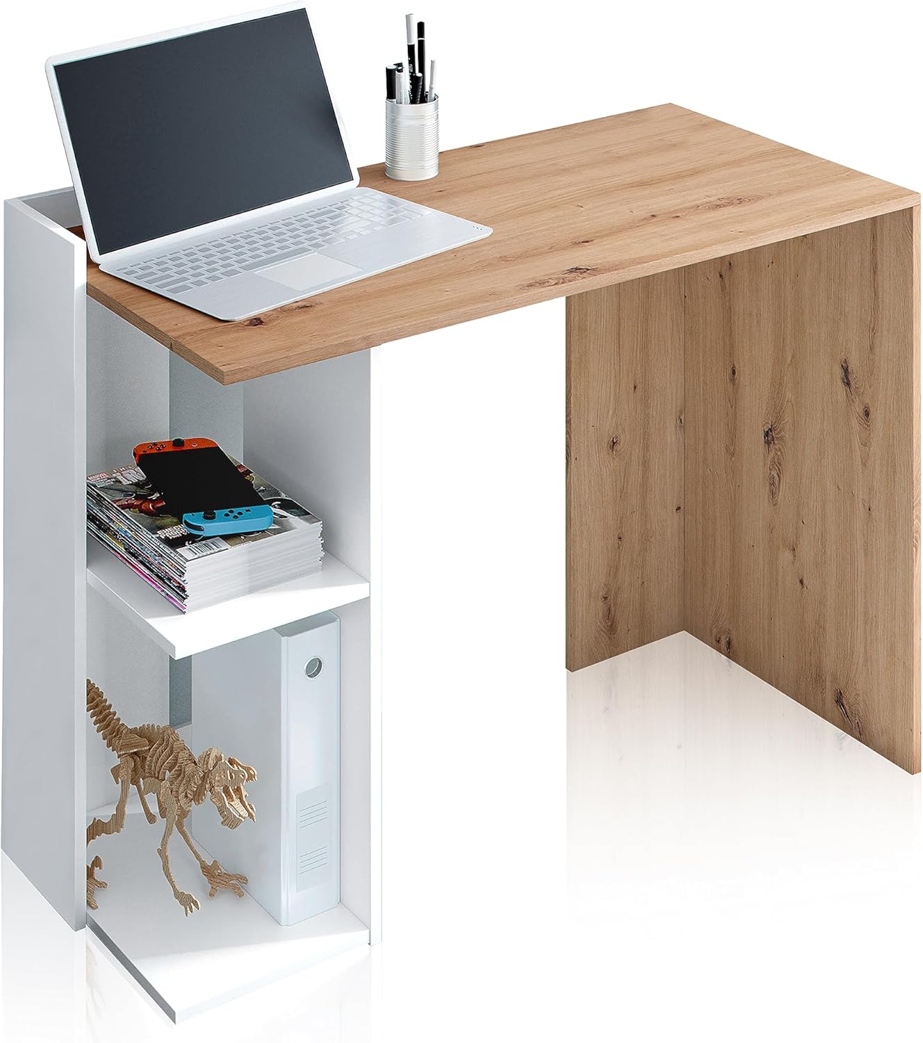 Mesa de estudo reversível com prateleiras, secretária, sistema de armazenamento, modelo Quénia, acabamento em cor carvalho Nodi e branco, medidas: 100 cm (comprimento) x 78 cm (altura) x 52 cm (fundo)