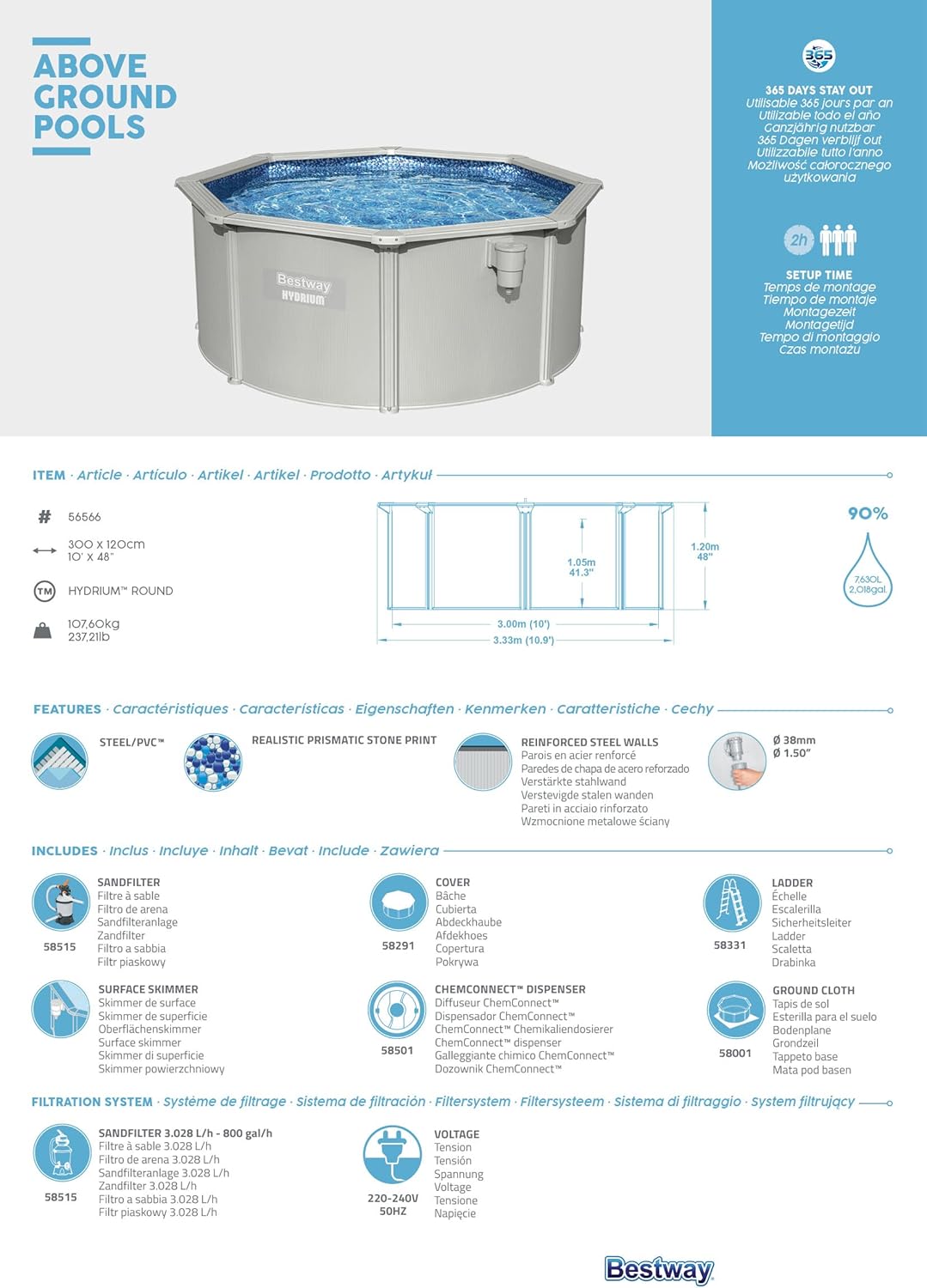 Bestway Hydrium - Piscina de Pared de Acero con Filtro de Arena, diámetro de 300 x 120 cm, Gris, Redonda