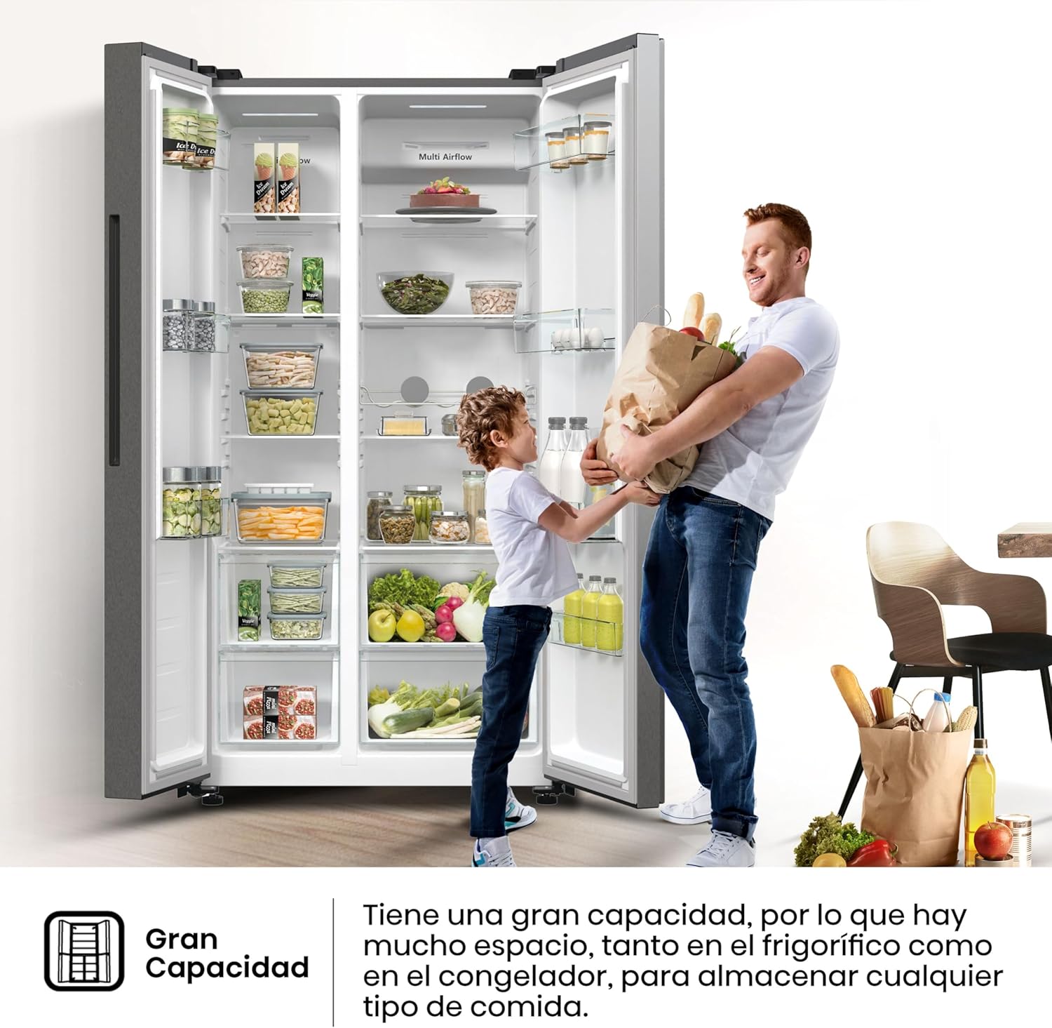 Hisense RS711N4ACE Frigorífico Side by Side, capacidade 547 l com 178,6 cm de altura, sem rost, super frio, alarme de porta aberta, modo de férias, Freezer Convert, baixo nível de ruído, classe E,