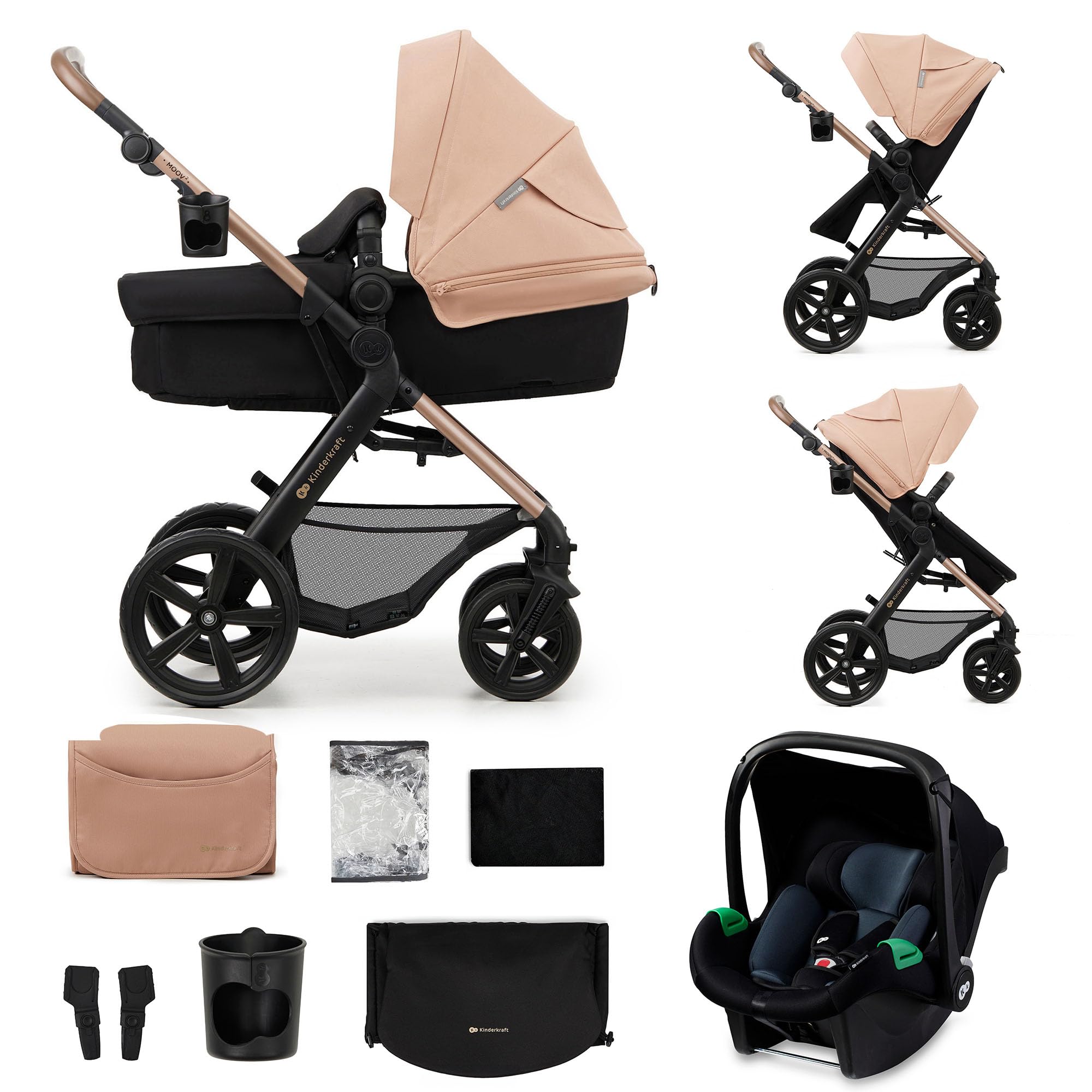 Kinderkraft MOOV2 Carrinho de bebé 3 em 1, EVA, Mink PRO I-Size, sistema de viagem, carrinho para bebé, carrinho de passeio, dobrável, para recém-nascido, desde o nascimento até aos 3 anos, cinzento