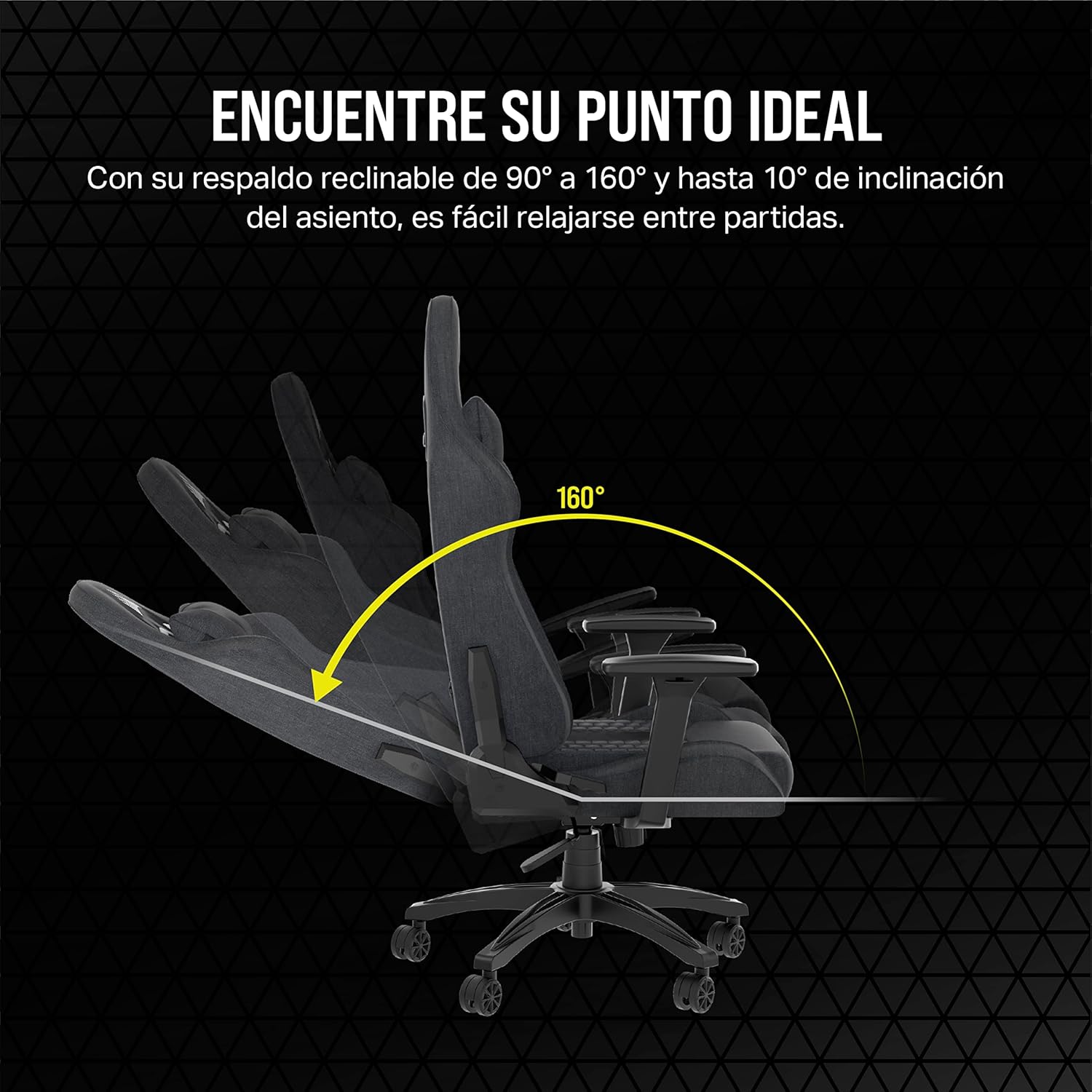 Corsair TC100 Cadeira relaxada para jogos - Fabric - design inspirado em corridas - almofada lombar - almofada cervical removível de espuma viscoelástico - apoios de braços ajustáveis - cinzento e