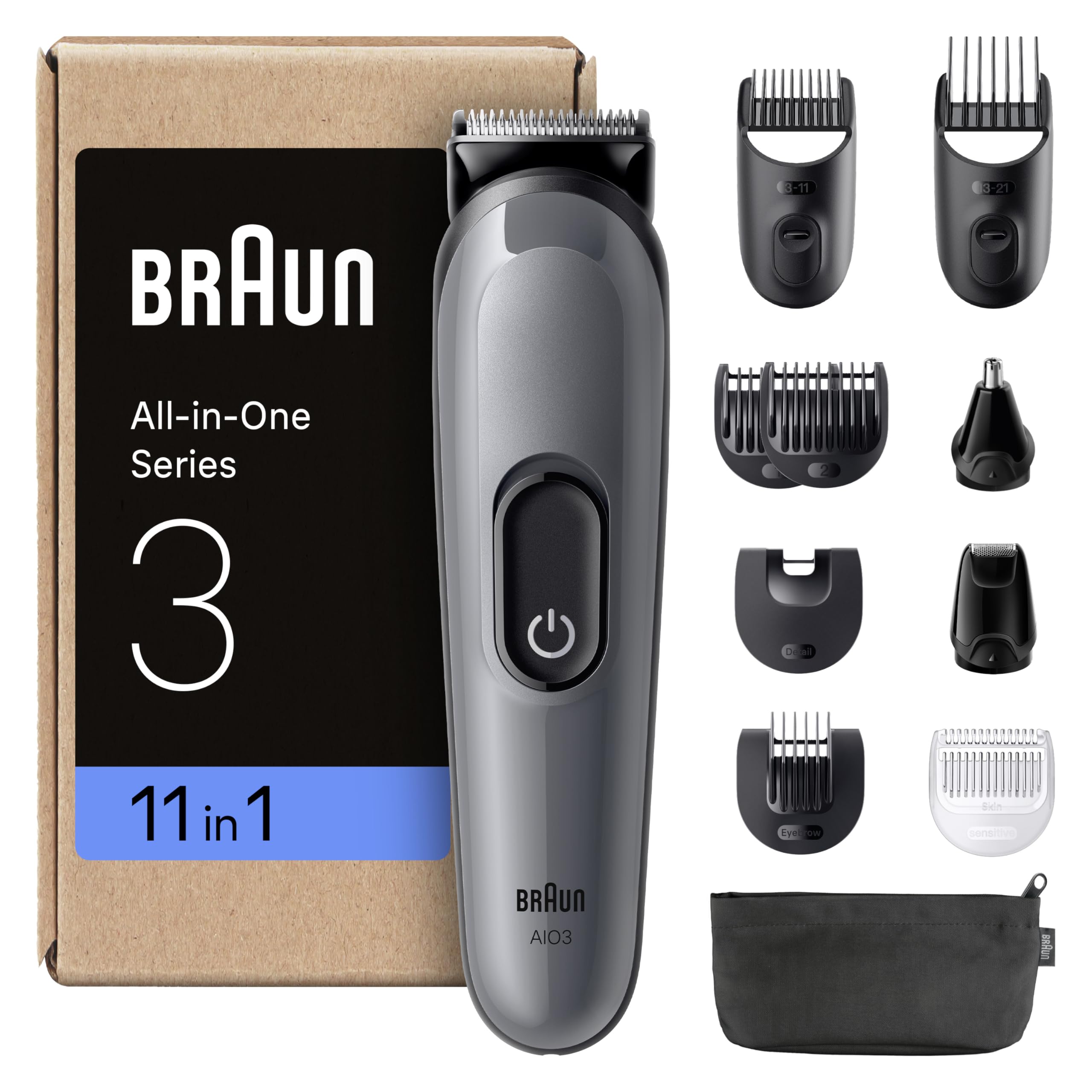 Braun Aparador tudo em um série 3 AIO3545, kit de Styling 8 em 1 para barba e cabelo, 14 comprimentos, máquina de cortar cabelo com 50 min de automonomia, corta-pelos homem, corte fácil e rápido,