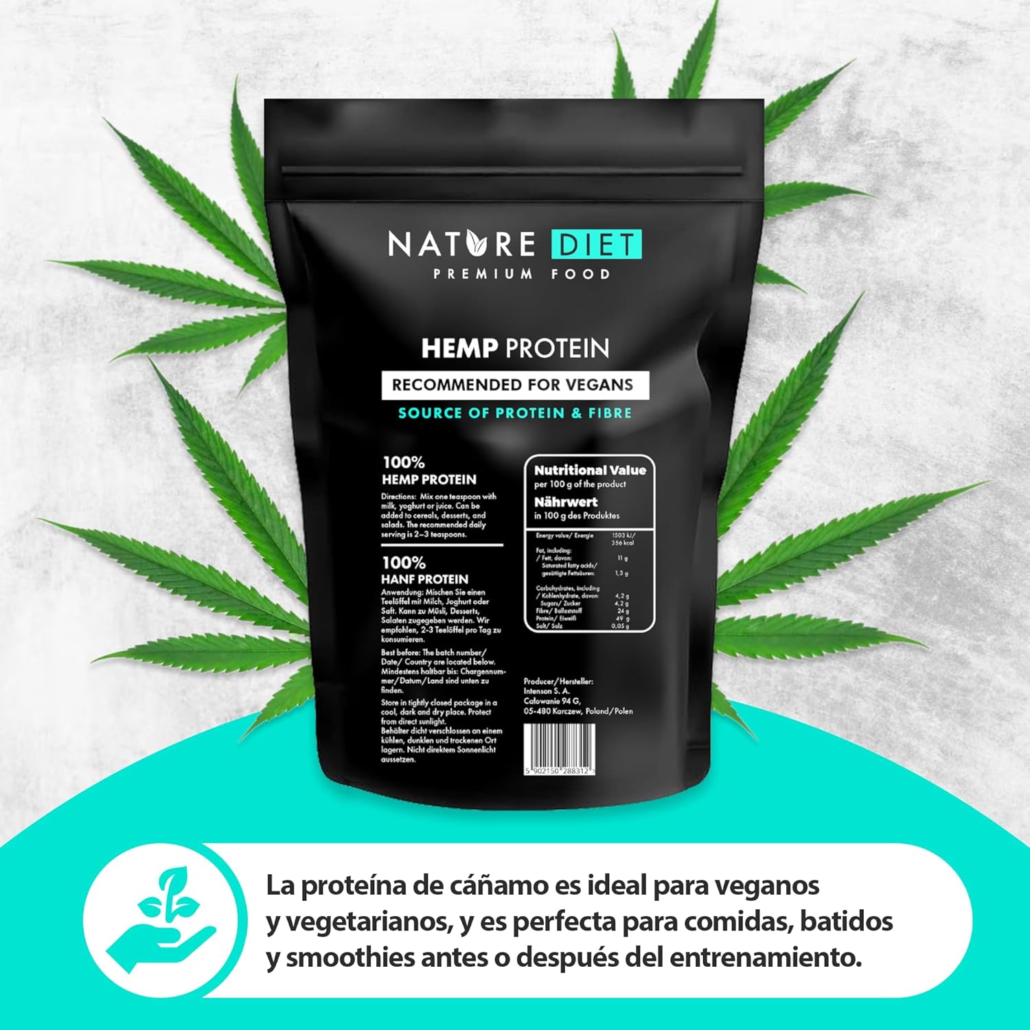 Nature Diet Proteína de cânhamo 1000 g, vegano, pó de proteína, à base de plantas