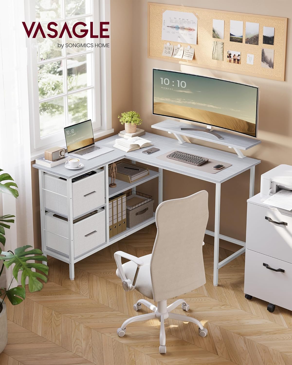VASAGLE Escritorio en Forma de L, Esquinero, con 2 Amplios Cajones, Mesa con Soporte para Monitor, para Esquina, con Estante Ajustable, para Oficina Casa, Blanco Arce LWD097W01