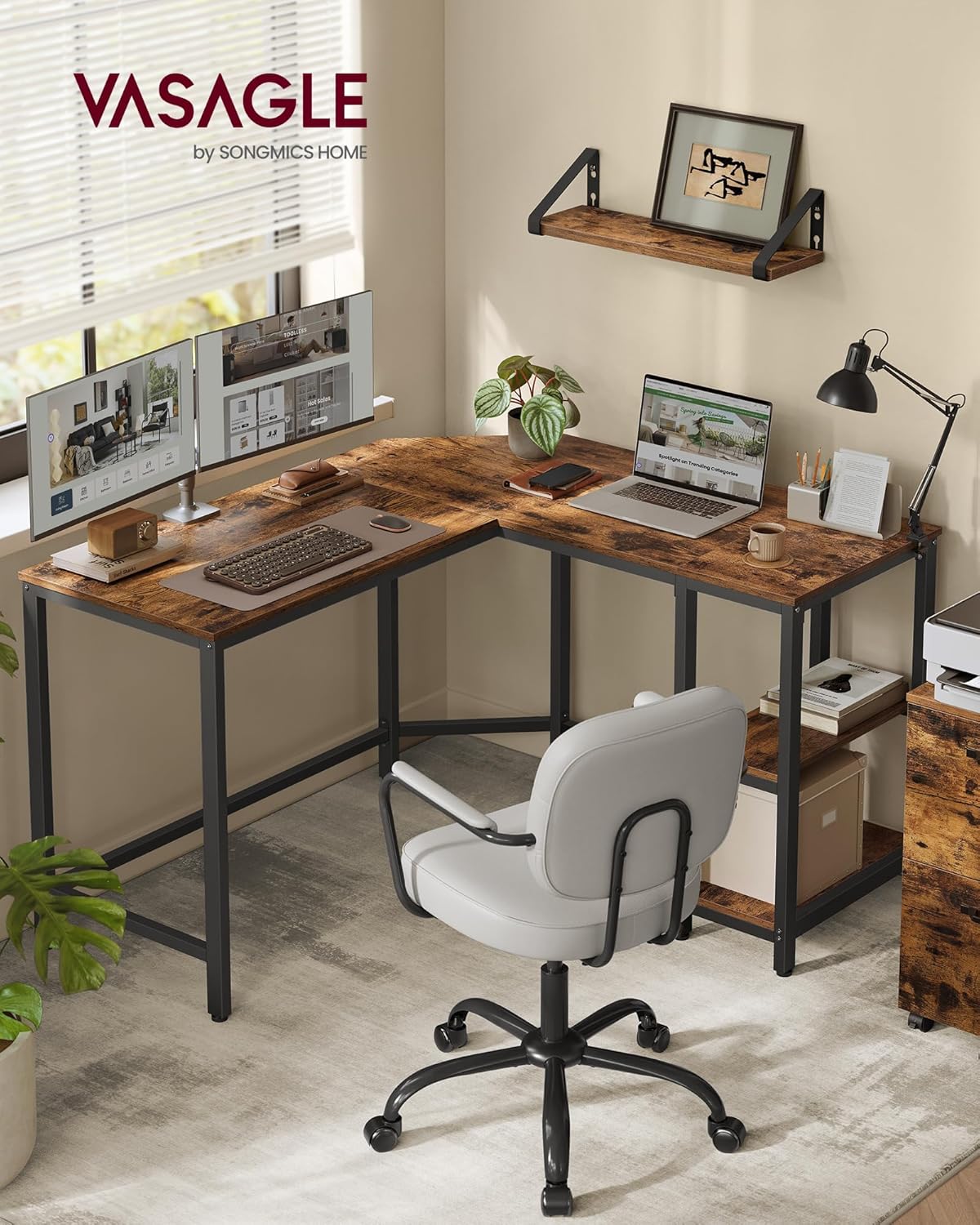 VASAGLE Secretária, mesa de computador em forma de L, 120 x 130 x 76 cm, esquina com 2 prateleiras, economiza espaço, para escritório casa, jogos, castanho rústico e preto tinta LWD123K01