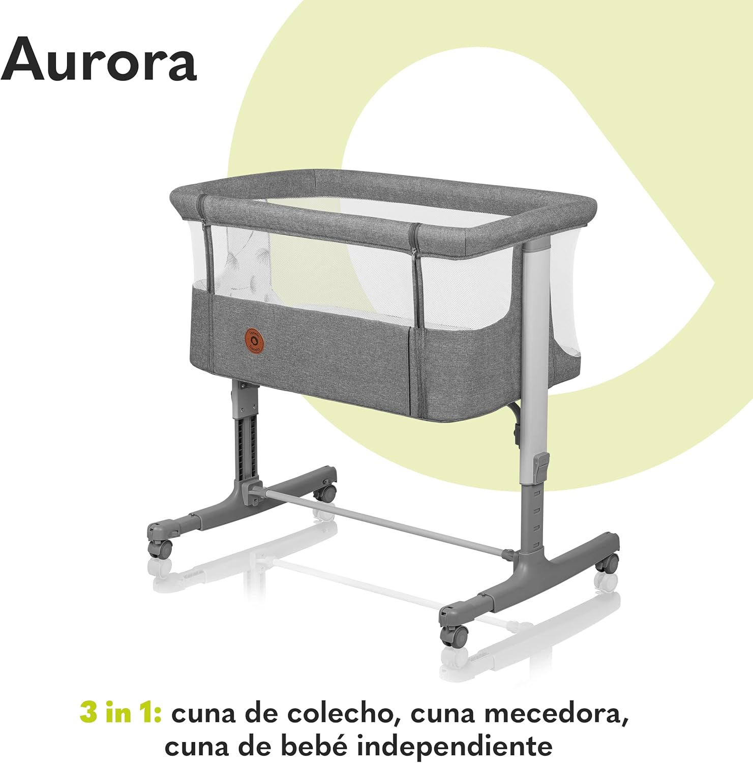 lionelo Aurora Berço de colecho 3 em 1 até 9 kg, berço de balanço, ajuste de altura e inclinação do colchão, 4 rodas com travão, colchão ergonómico, bolsa