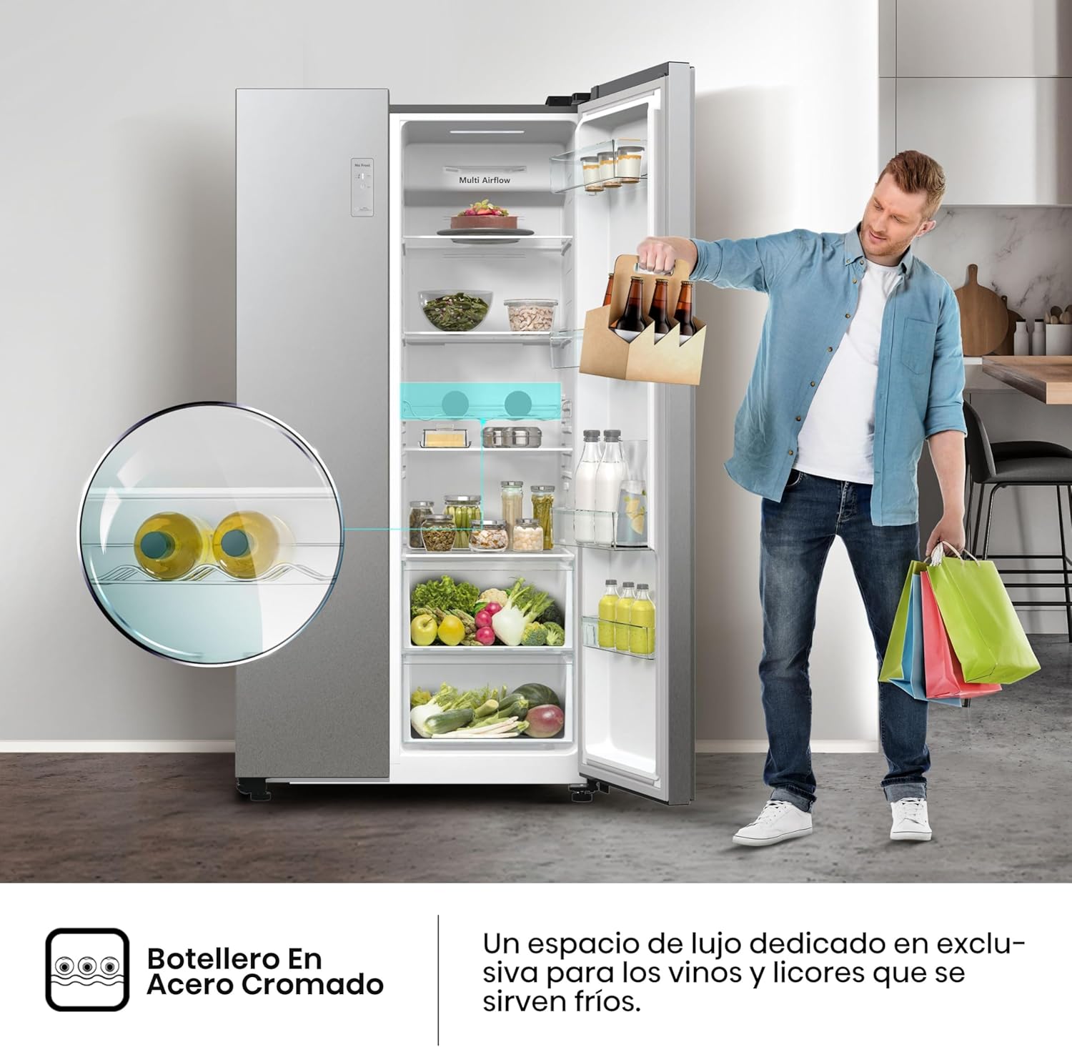 Hisense RS711N4ACE Frigorífico Side by Side, capacidade 547 l com 178,6 cm de altura, sem rost, super frio, alarme de porta aberta, modo de férias, Freezer Convert, baixo nível de ruído, classe E,