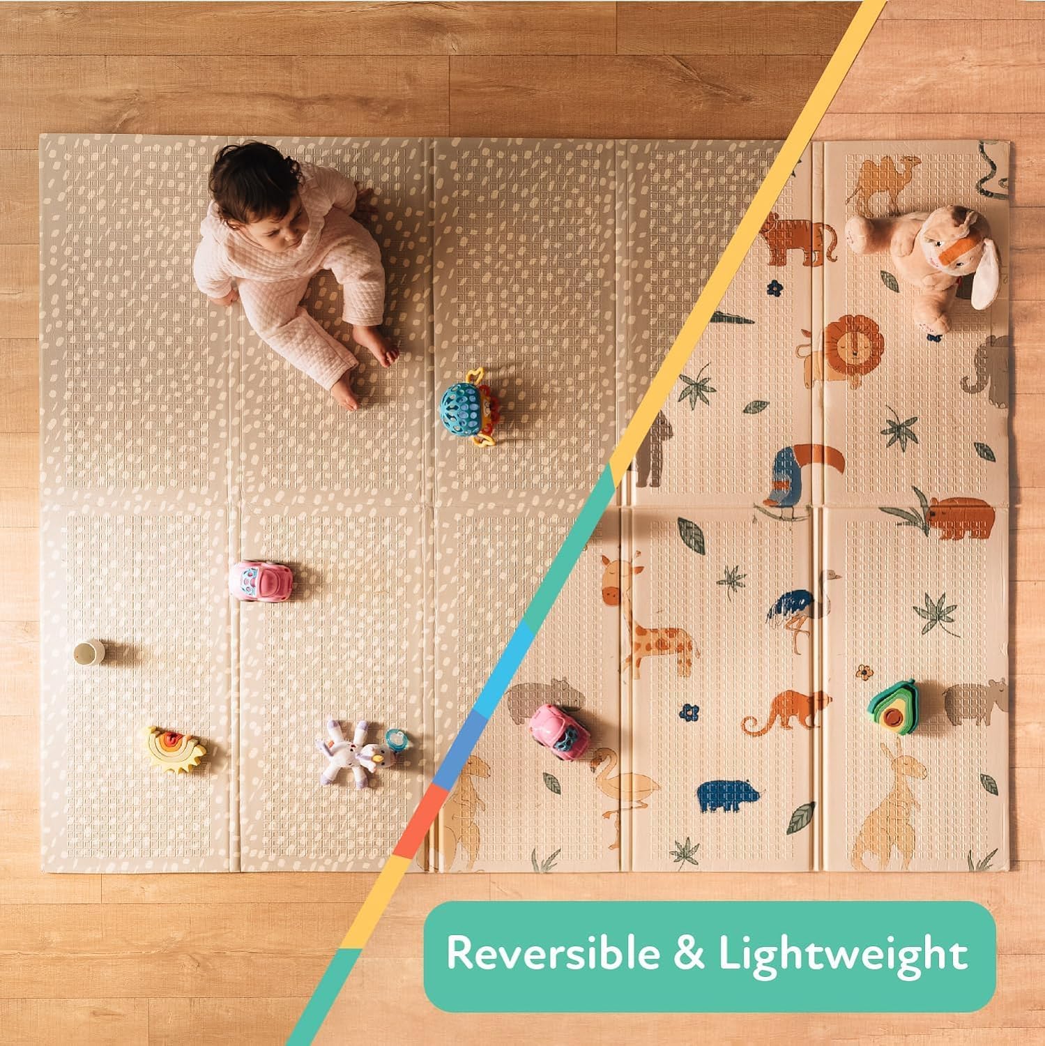 Nuby - Tapete de bebé acolchoado dobrável reversível safari - tapete bebé leve para brincar no chão - tapete infantil grande com design de animais - chão bebés acolchoado portátil - 150 x 200 cm