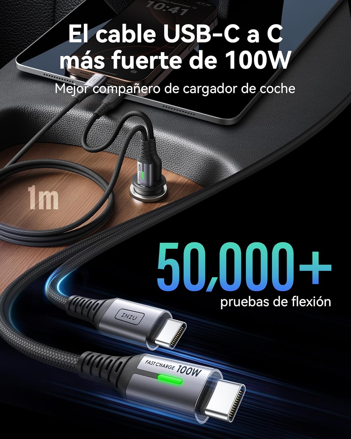 INIU Cargador Coche Carga Rápida, 60W Total [USB C 30W+USB A 30W] PD & QC3.0 Car Charger+[1m] 100W Cable, USB C Cargador Mechero Coche para Movil iPhone 16 15 14 Pro MAX iPad Samsung S25 Huawei LG