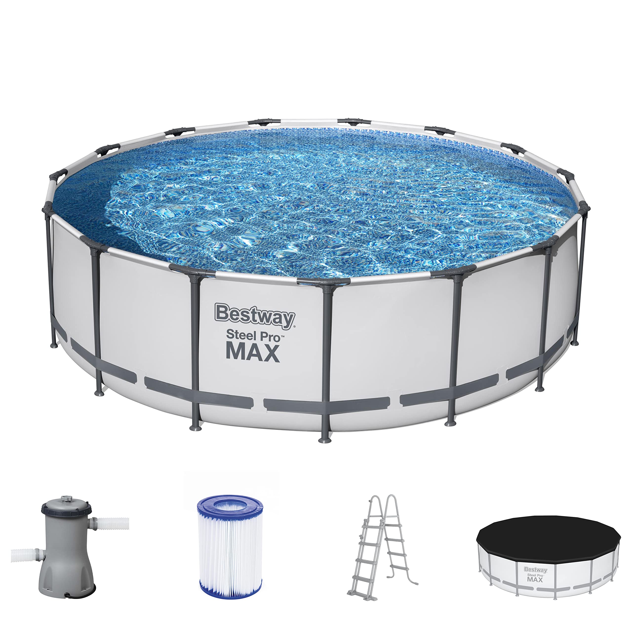Bestway Steel Pro MAX Frame - Piscina Completa con Bomba de Filtro (diámetro 366 x 122 cm), Color Gris Claro
