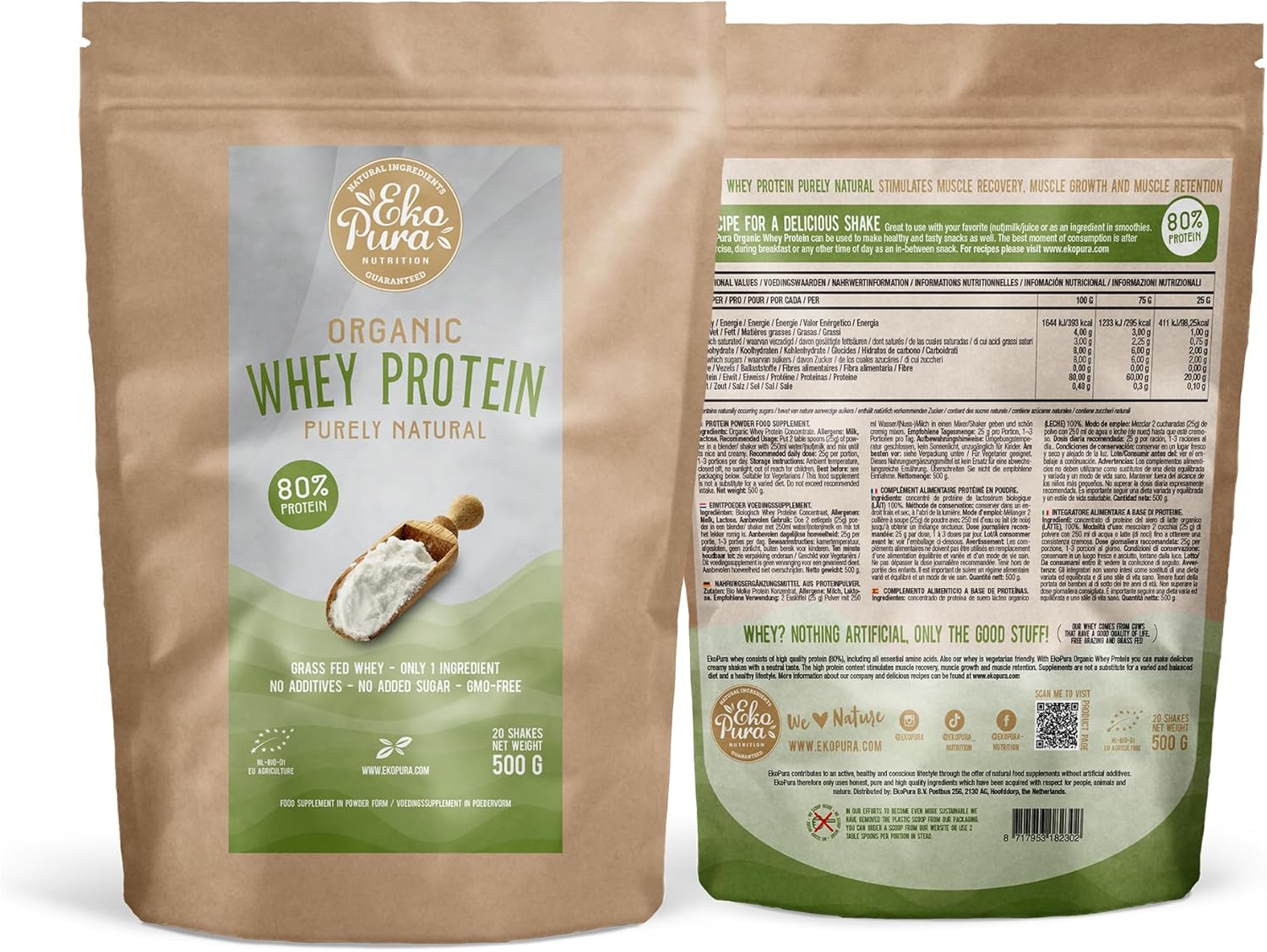 Organic Whey Protein - Purely Natural - 80% Proteína - Proteína de suero Orgánico - Sin Aditivos - Libre de GMO - Sin Soja - 500g