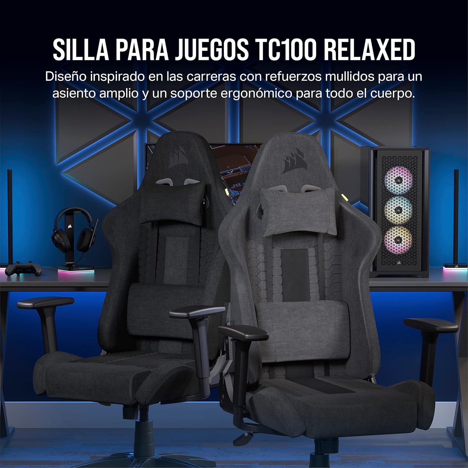 Corsair TC100 Cadeira relaxada para jogos - Fabric - design inspirado em corridas - almofada lombar - almofada cervical removível de espuma viscoelástico - apoios de braços ajustáveis - cinzento e