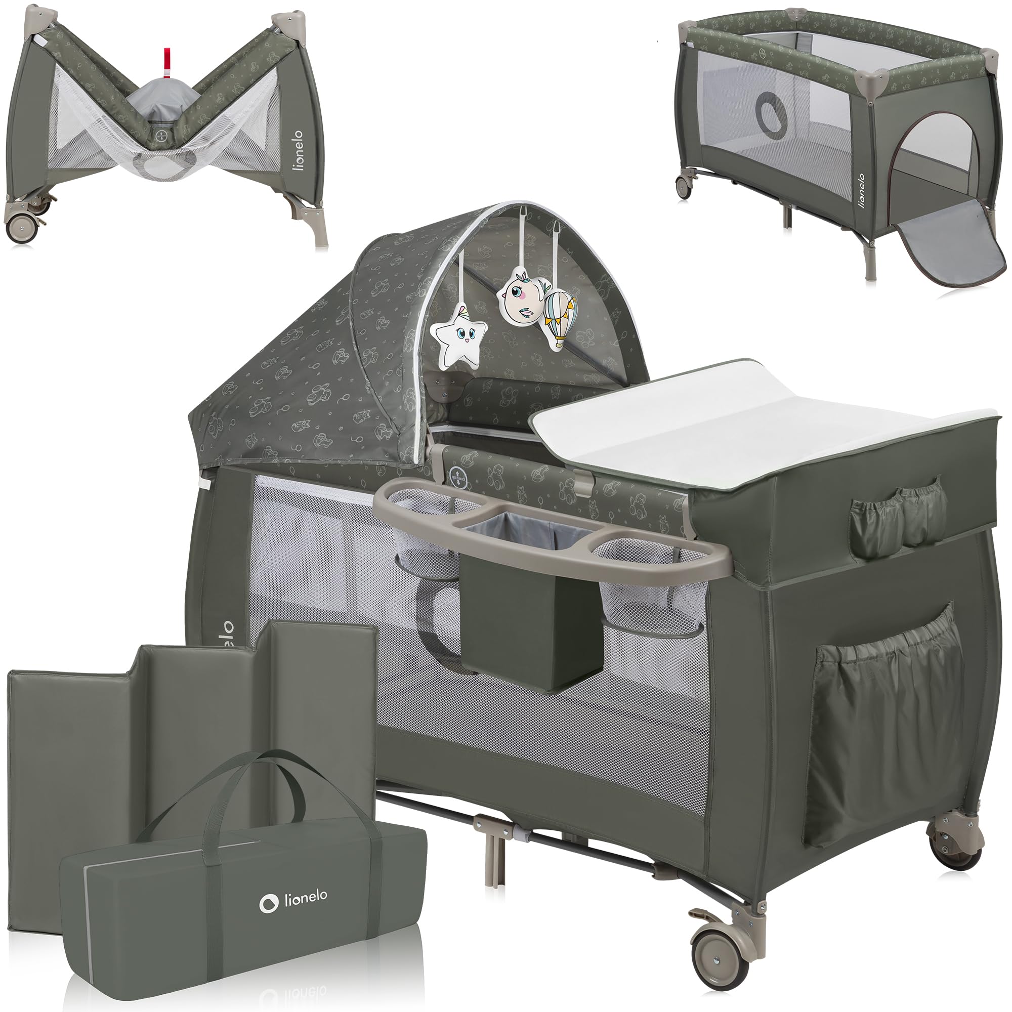 lionelo Sven Plus Berço de viagem para bebés 0-36 M para crianças até 15 kg função de trocador mosquiteira abertura lateral com fecho de correr ajuste de altura (cinzento)