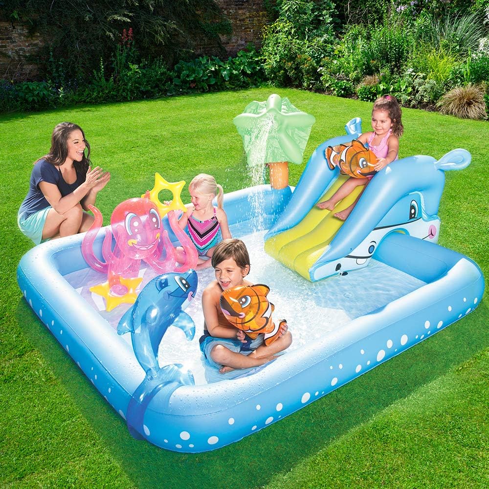 Bestway 53052 - Piscina insuflável infantil, aquário 239 x 206 x 86 cm com escorrega