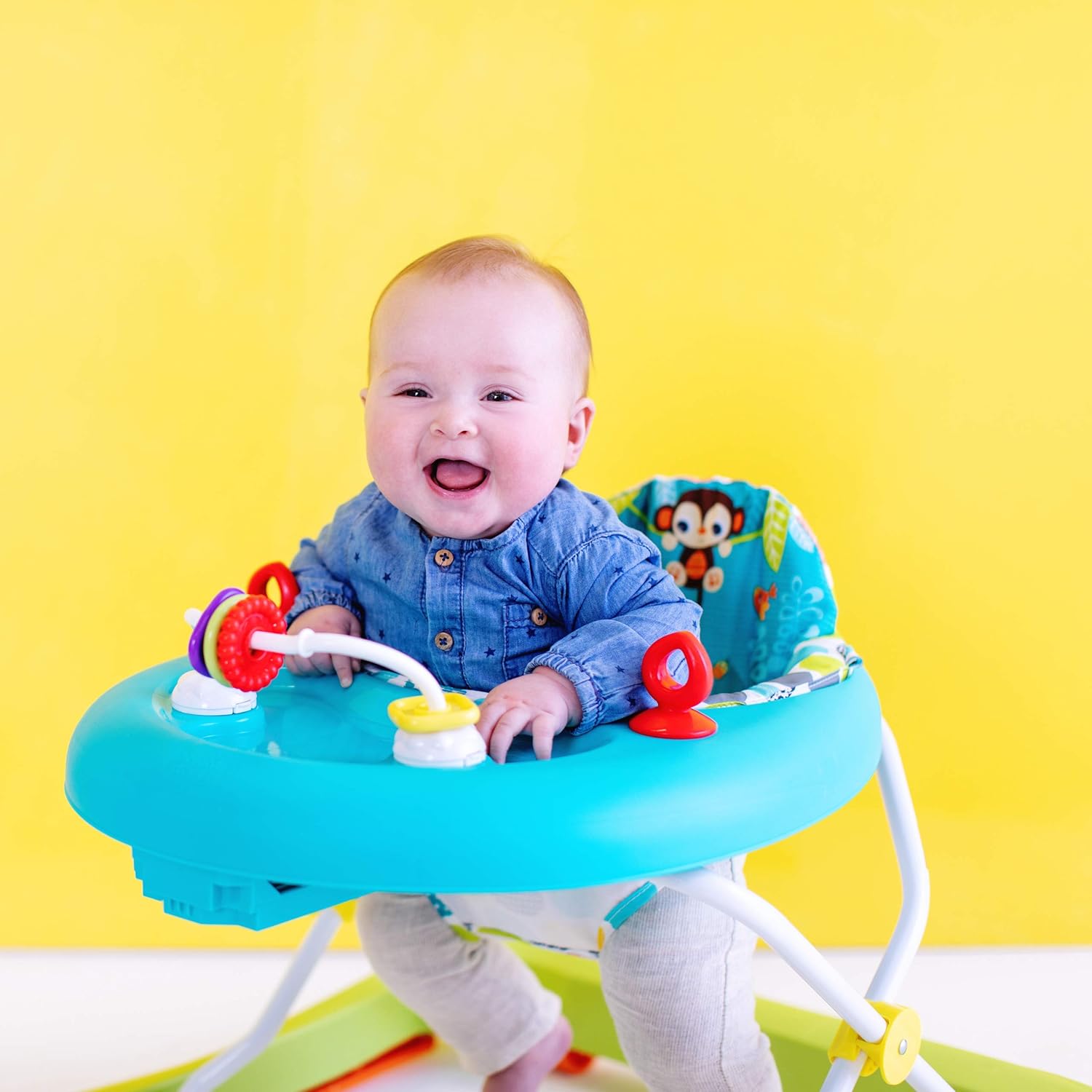 Bright Starts, Andador de primeiros passos dobrável para bebés Giggling Safari, brinquedo ábaco divertido e colorido, altura ajustável, assento removível, lavável na máquina, a partir dos 6 meses