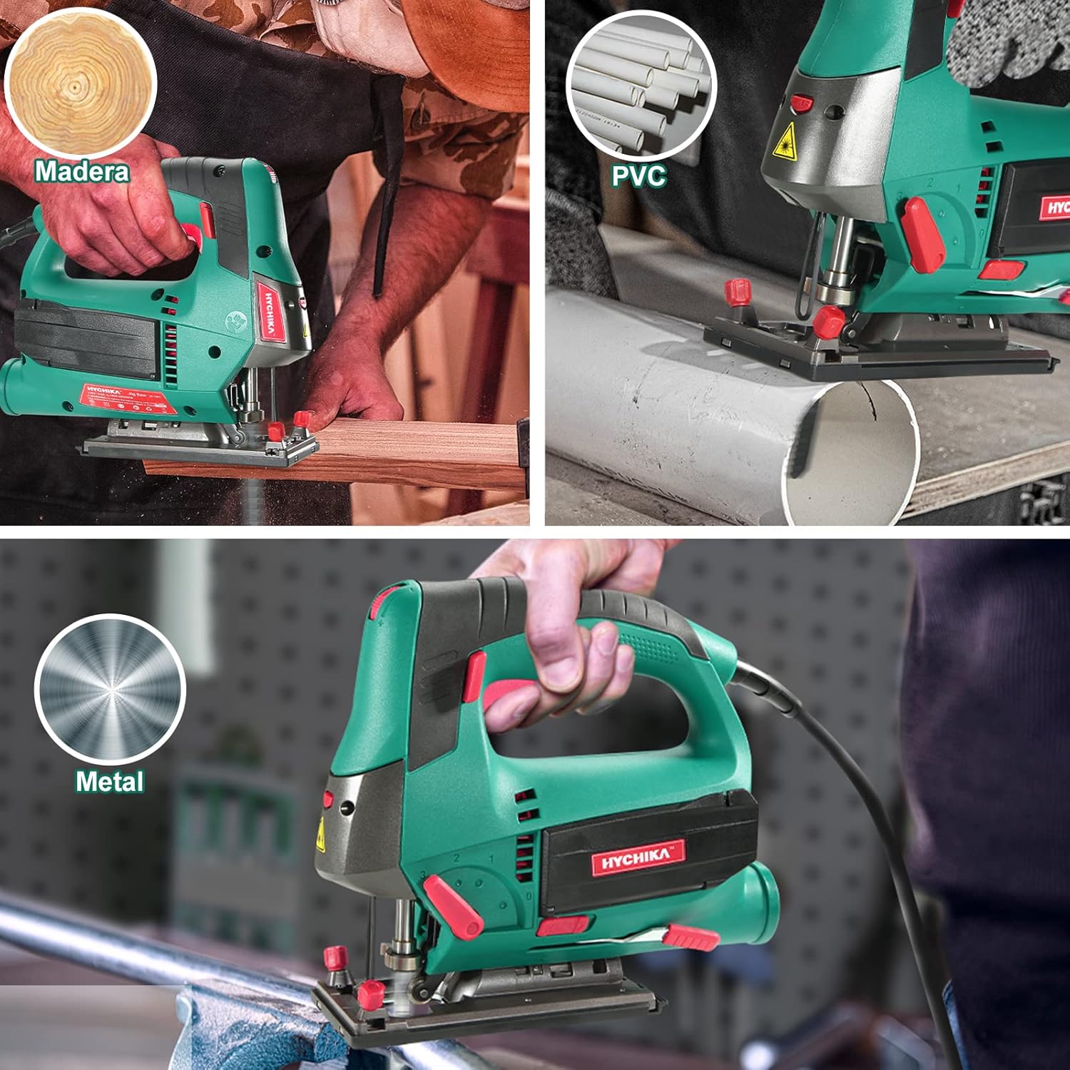 HYCHIKA Sierra de Calar, 110mm, 800W 800-3000SPM, Velocidad Ajustable (1-6), 4 Modos de Corte, Corte -45º a 45º, Caja Magnética de Hoja, Cortar Madera Metal Plástico