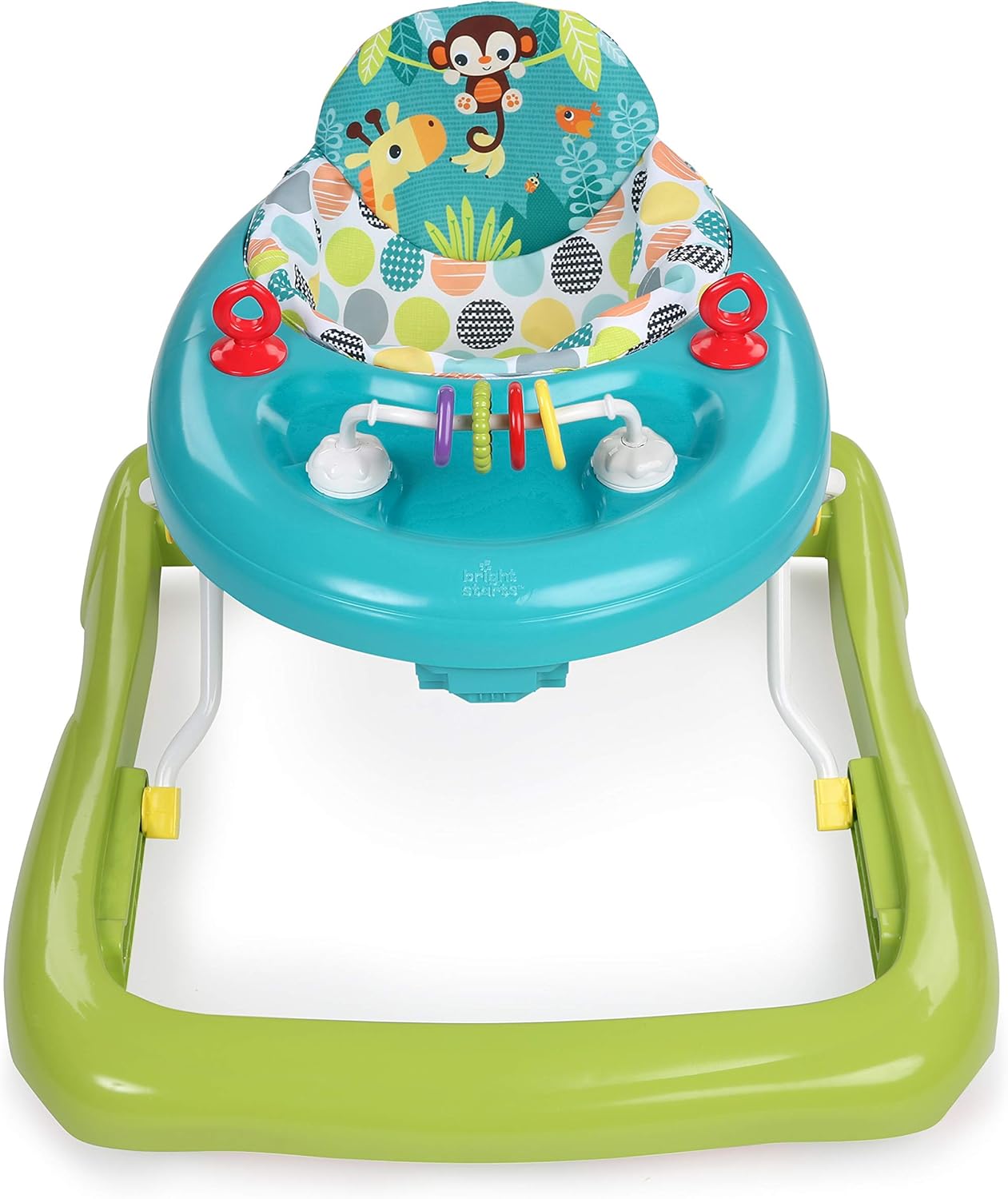 Bright Starts, Andador de primeiros passos dobrável para bebés Giggling Safari, brinquedo ábaco divertido e colorido, altura ajustável, assento removível, lavável na máquina, a partir dos 6 meses