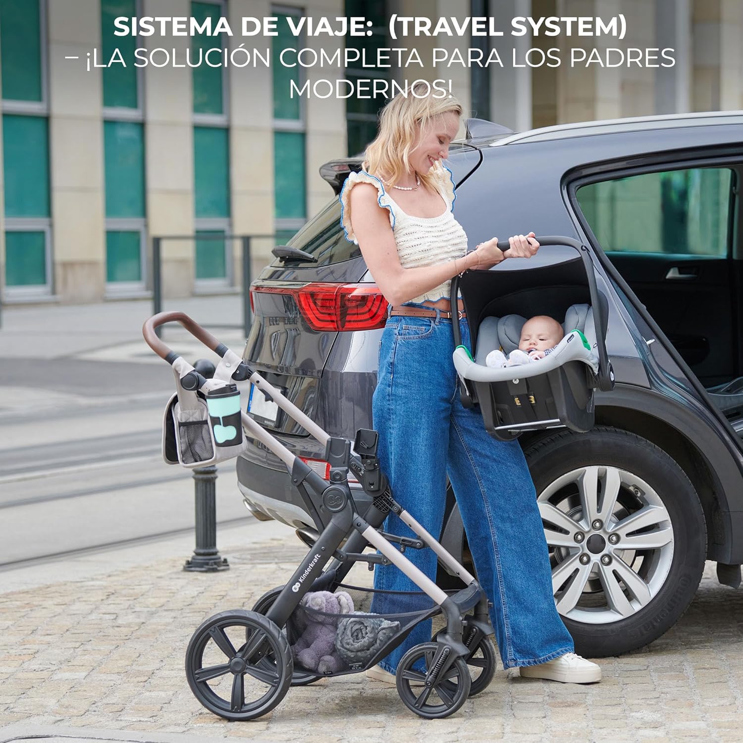 Kinderkraft MOOV2 Carrinho de bebé 3 em 1, EVA, Mink PRO I-Size, sistema de viagem, carrinho para bebé, carrinho de passeio, dobrável, para recém-nascido, desde o nascimento até aos 3 anos, cinzento