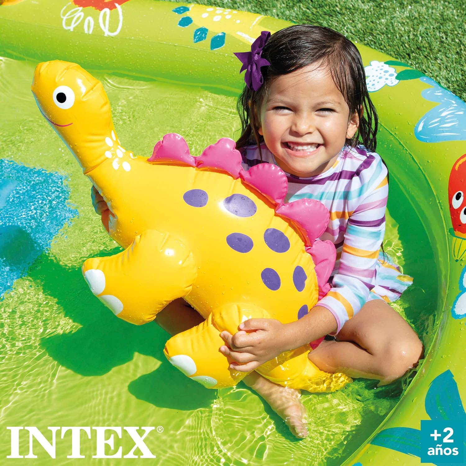 INTEX 57166 - Piscina infantil insuflável com dispersor de água e escorrega dinossauro, centro de jogos para crianças