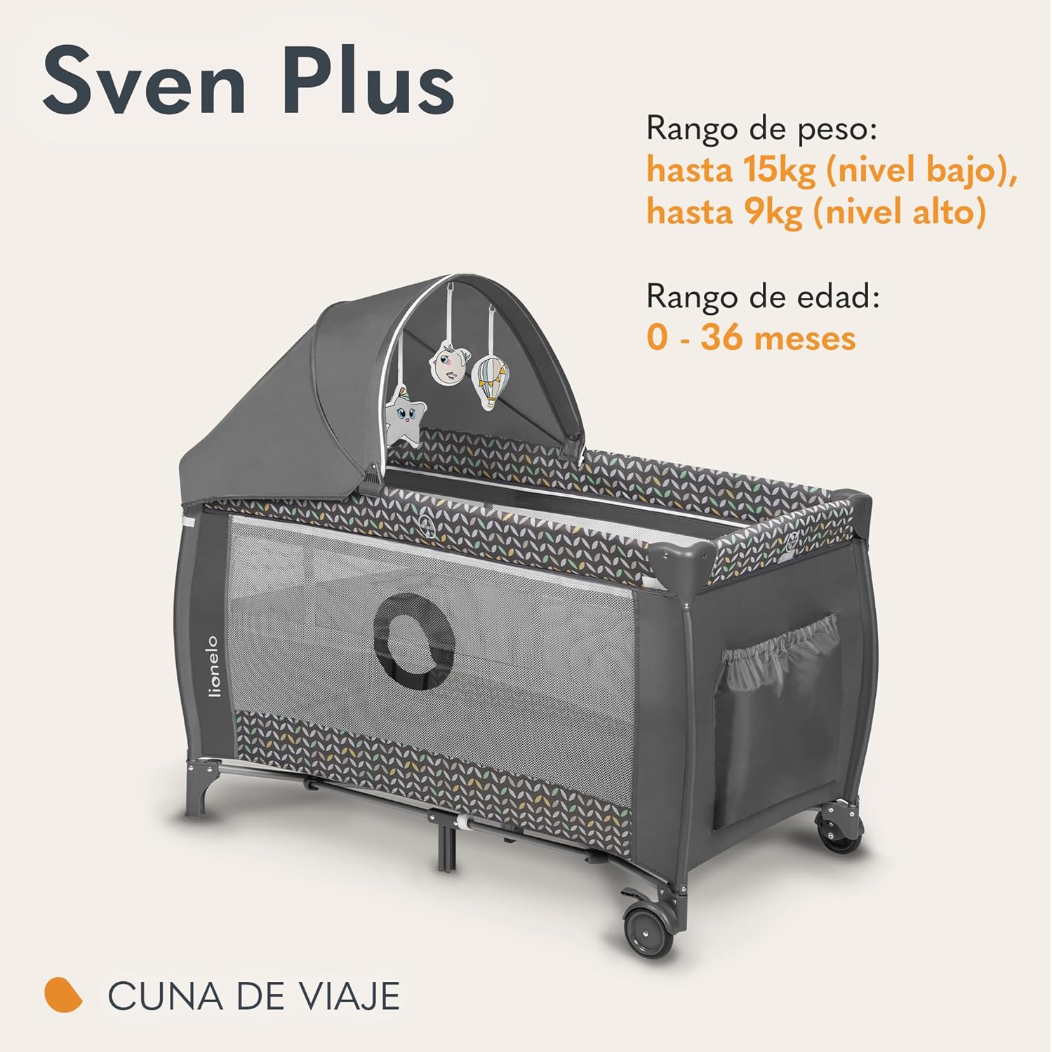 lionelo Sven Plus Berço de viagem para bebés 0-36 M para crianças até 15 kg função de trocador mosquiteira abertura lateral com fecho de correr ajuste de altura (cinzento)