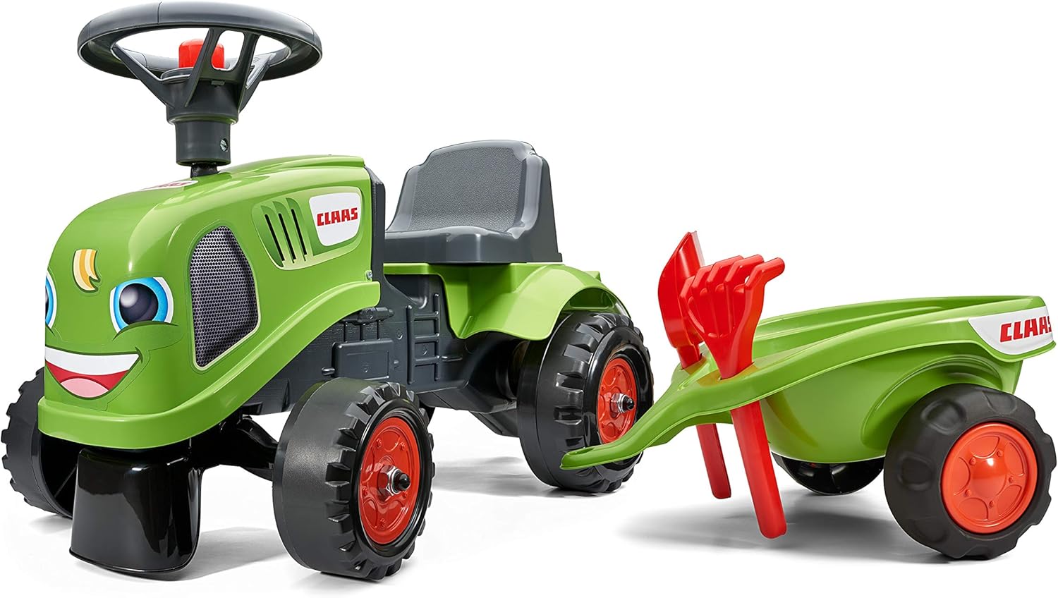 FALK - Porta Tractor Claas con Remolque - A Partir de 12 Meses - Fabricado en Francia - Pala y Rastrillo Incluidos - 2 Estilos de Personalización - Matrícula Personalizable - 212C