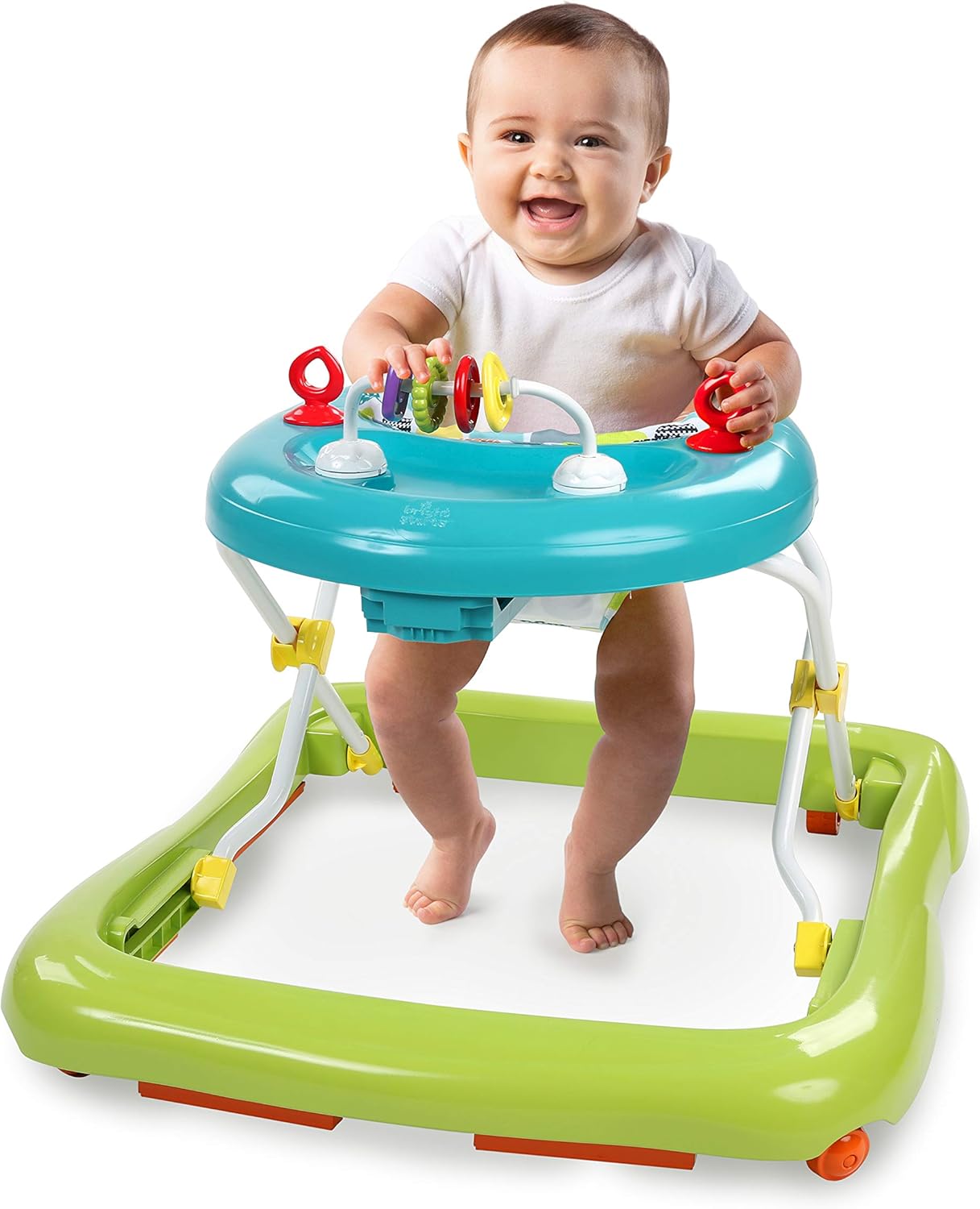 Bright Starts, Andador de primeiros passos dobrável para bebés Giggling Safari, brinquedo ábaco divertido e colorido, altura ajustável, assento removível, lavável na máquina, a partir dos 6 meses
