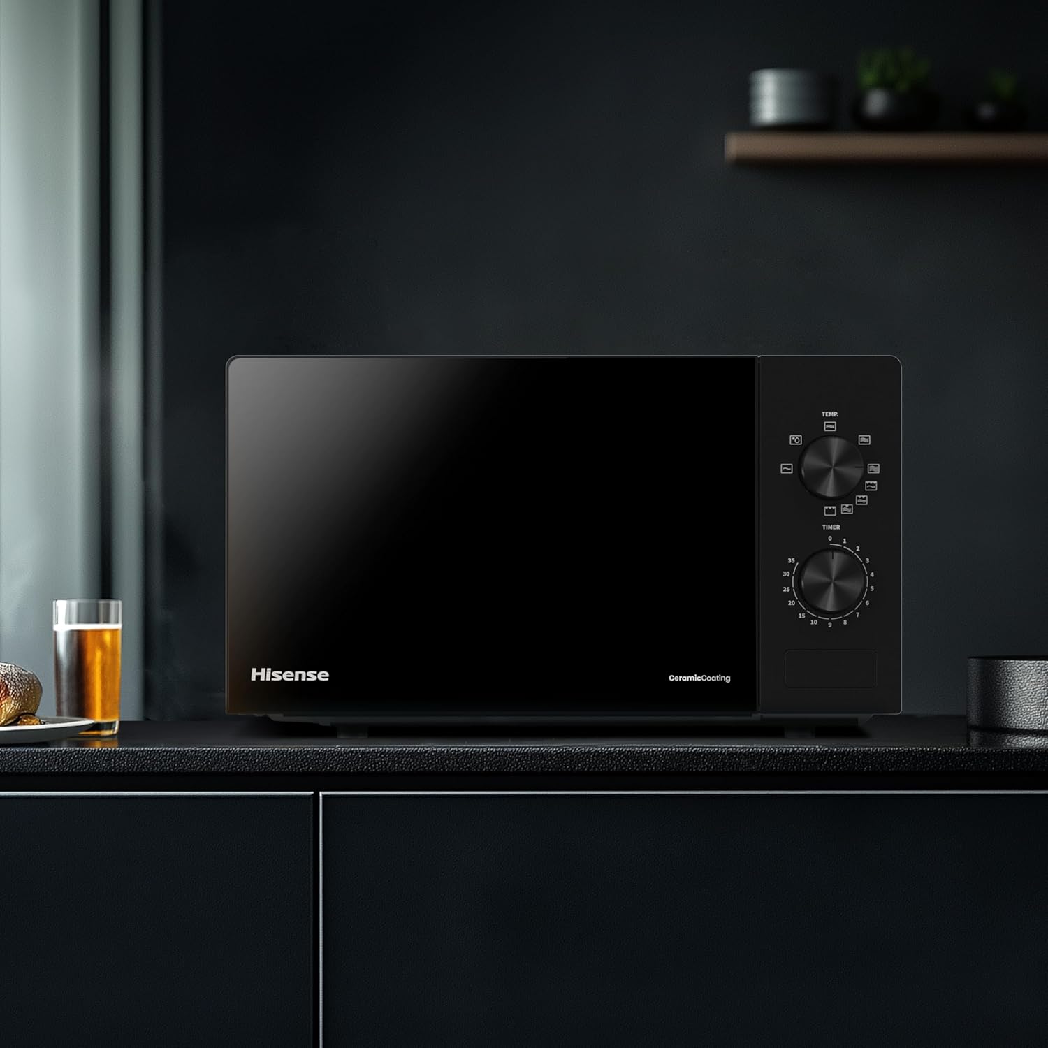 Hisense H20MOBP1G, micro-ondas com brilho de 20 l, 700 W de potência, 800 W Grill, revestimento cerâmico, vidro premium, 5 níveis, limpeza fácil, temporizador de cozedura, preto