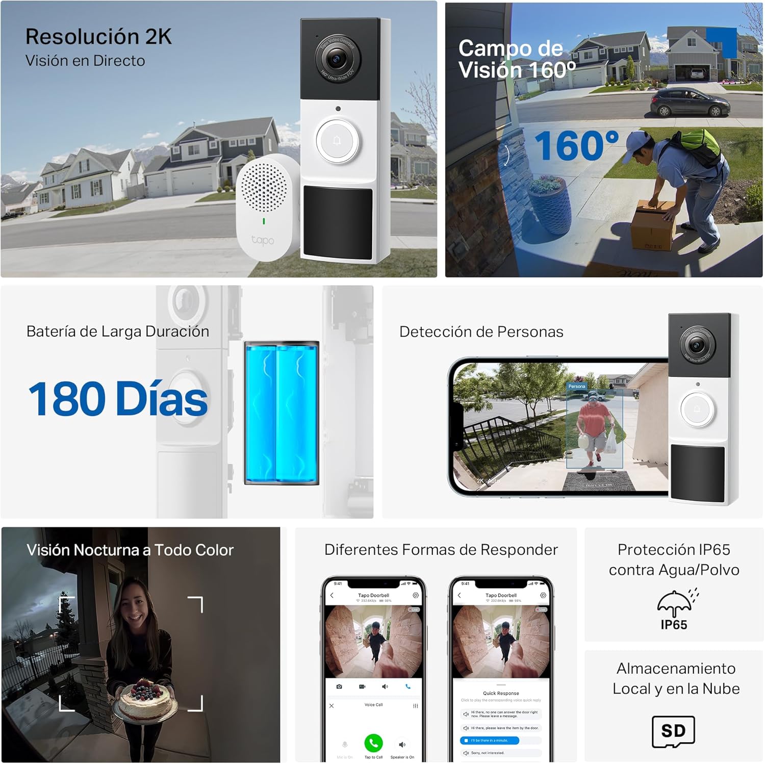 Tapo D210 Timbre Inalámbrico con Cámara 2K, Timbre Videoportero WiFi Exterior Impermeable, Detección de Movimiento Inteligente, Visión Nocturna, Audio Bidireccional, Alerta, en Tarjeta SD/Nube
