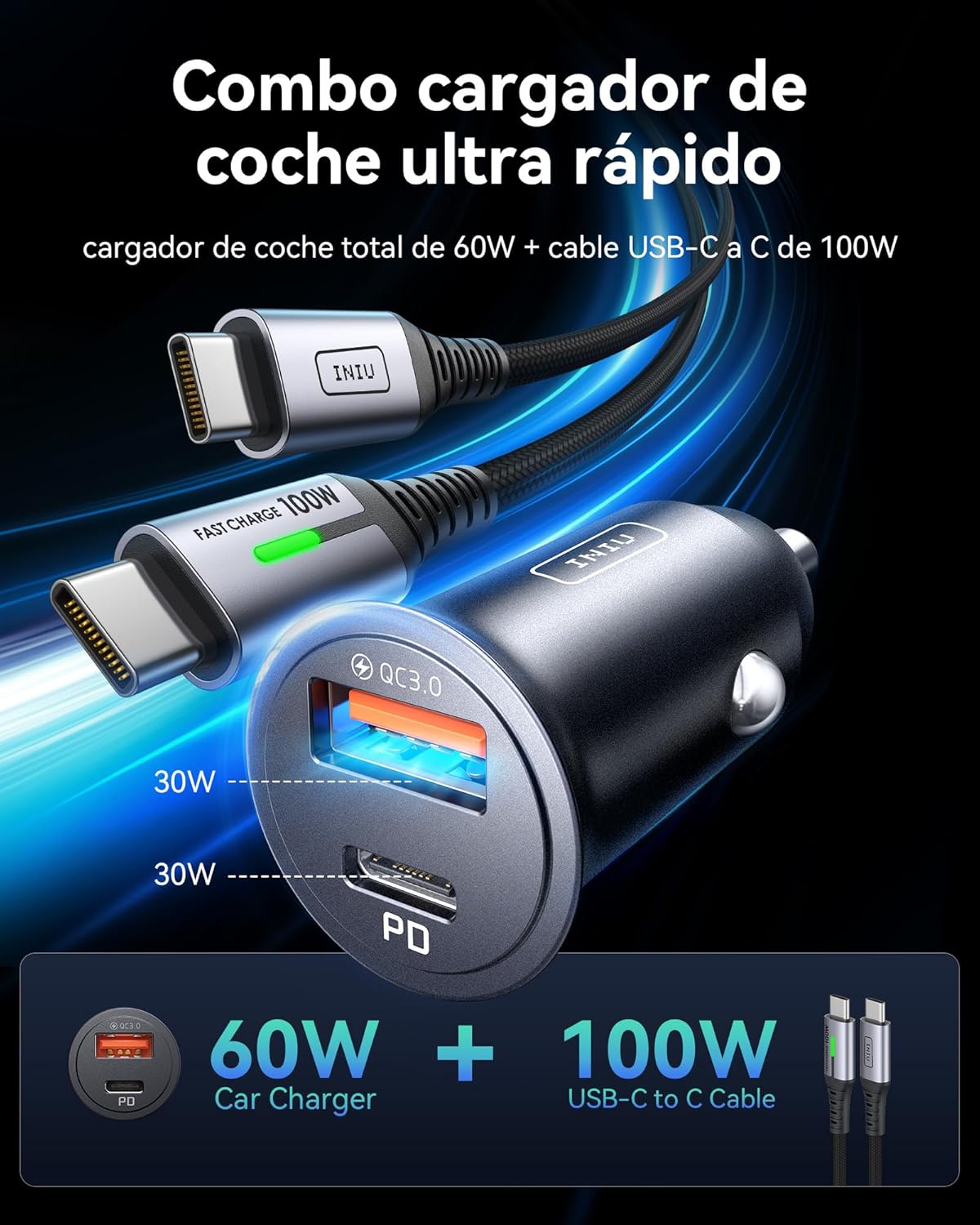 INIU Cargador Coche Carga Rápida, 60W Total [USB C 30W+USB A 30W] PD & QC3.0 Car Charger+[1m] 100W Cable, USB C Cargador Mechero Coche para Movil iPhone 16 15 14 Pro MAX iPad Samsung S25 Huawei LG