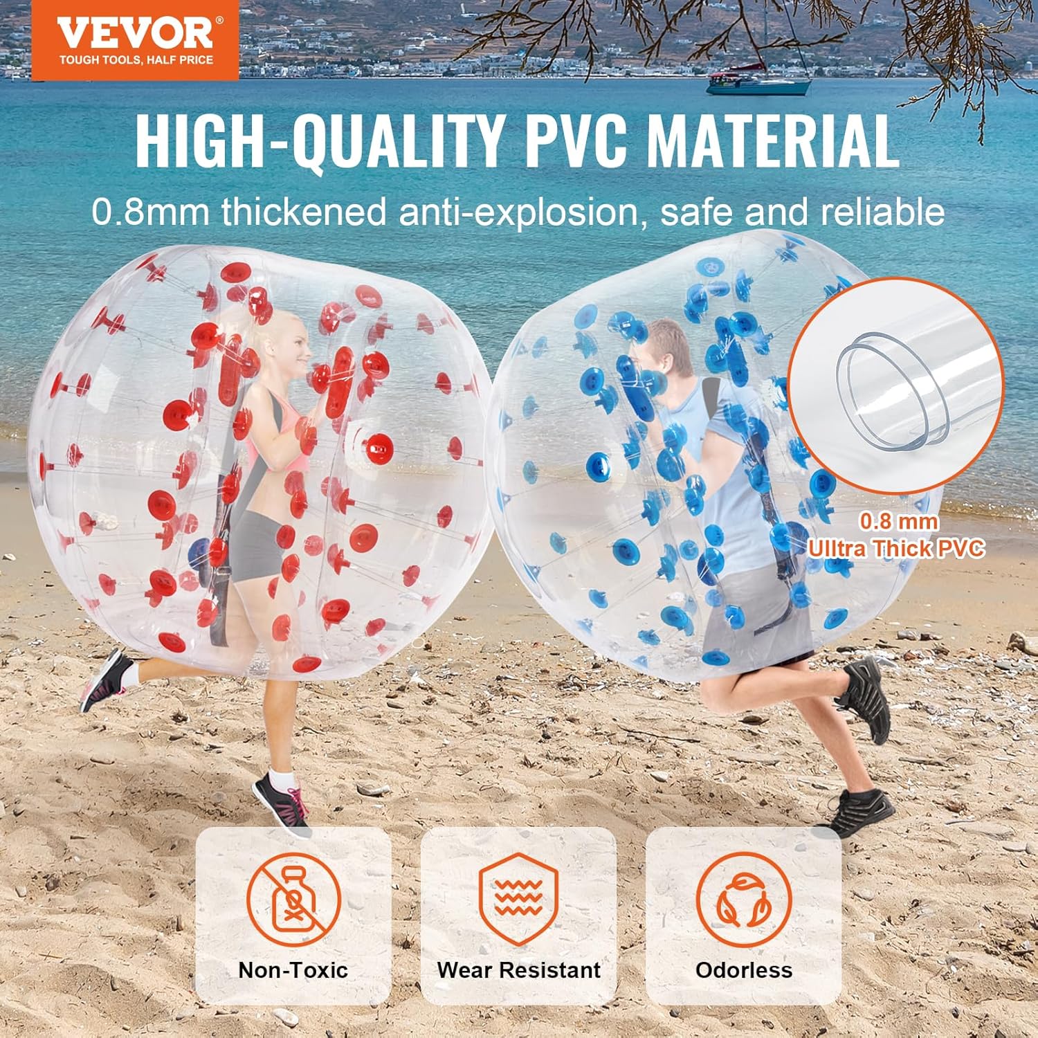 VEVOR 2 bolas de para-choques insufláveis de 1,5 m x 1,2 m, bola de recuperação insuflável com corpo de PVC para atividades ao ar livre, bola de para-choques insuflável de pontos vermelho e azul