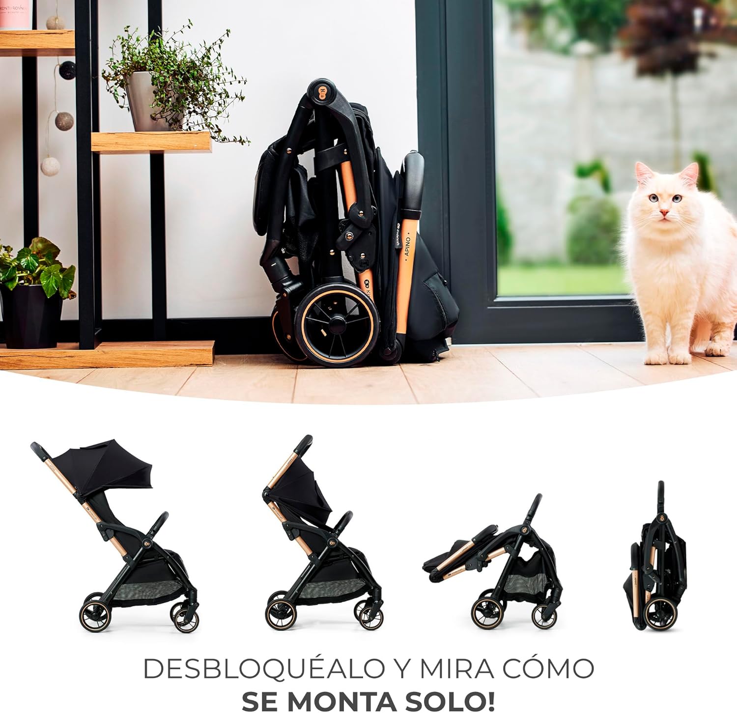 Kinderkraft APINO Cadeira de passeio para bebé, carrinho, carrinho de bebé, carro FOLDING, dobrável automático, posição reclinada, posição deitada, leve, 7,5 g, impermeável, carga máxima 24 kg, preto