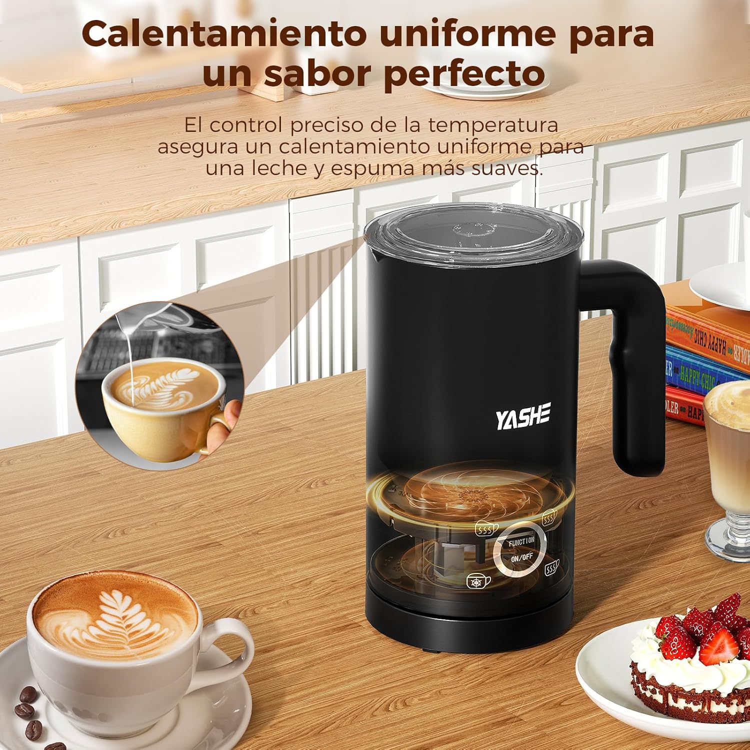 YASHE 4 em 1 Espumador e aquecedor de leite elétrico 500 W, 300 ml para espuma quente / fria, ideal para café, capuchinho, latte, macarrão, silencioso, revestimento anti-aderente, fácil limpeza