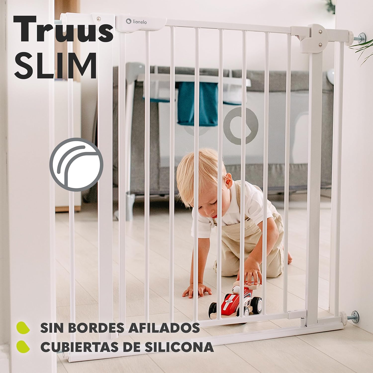 Lionelo Truus Slim Barreira de proteção 75 - 105 x 3 x 76,5 cm proteção dupla função AutoStop fecho automático fecho de fecho montagem simples cinzento