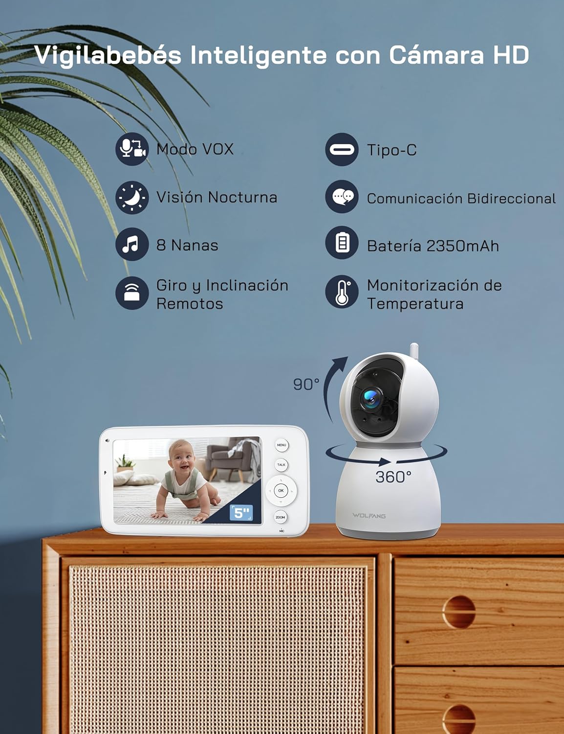 WOLFANG 1080P Camara Vigilancia Bebe con 5" 720P Pantalla, Vigilabebes con Camara con Rotación de 360° y Zoom, Sin WiFi, Visión Nocturna, Comunicación Bidirecciona, Temperatura, Detección de Llanto