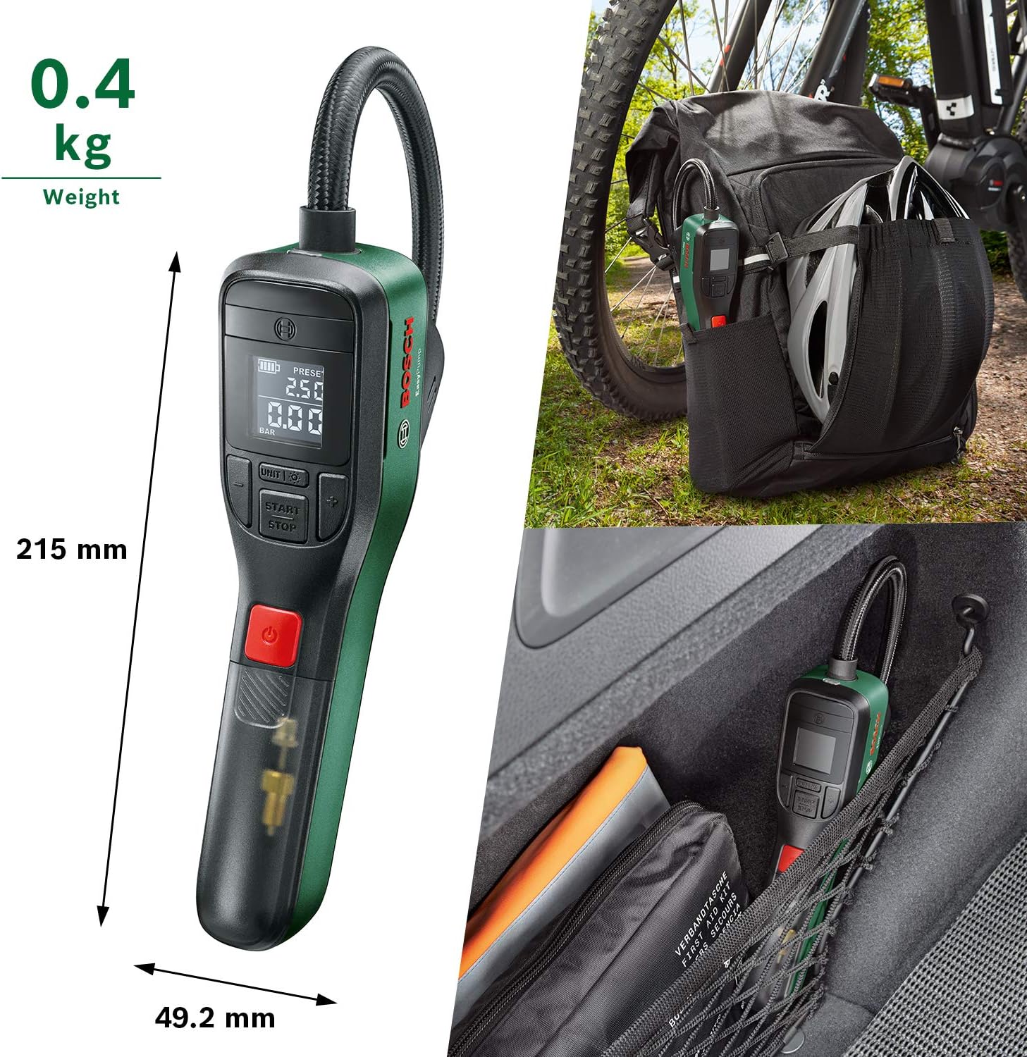 Bosch Inflador / mini bomba de ar elétrica EasyPump (bateria de 3,0 Ah, 3,6 V, função Autostop, 150 PSI, 10,3 bares, LED, recarregável via cabo USB-C, em caixa de cartão)